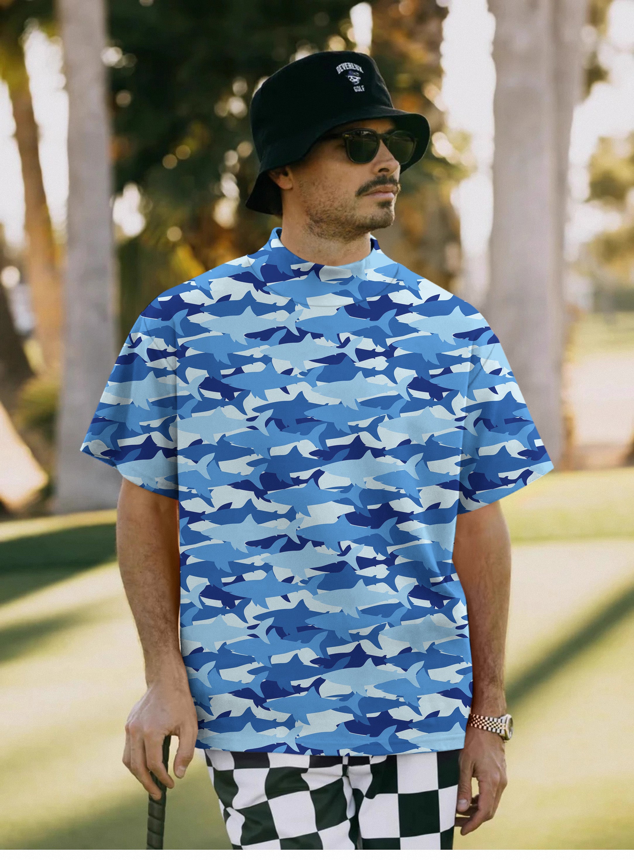 Men's Shark Camo Pullover High neck Long/Short sleeve T-Shirt