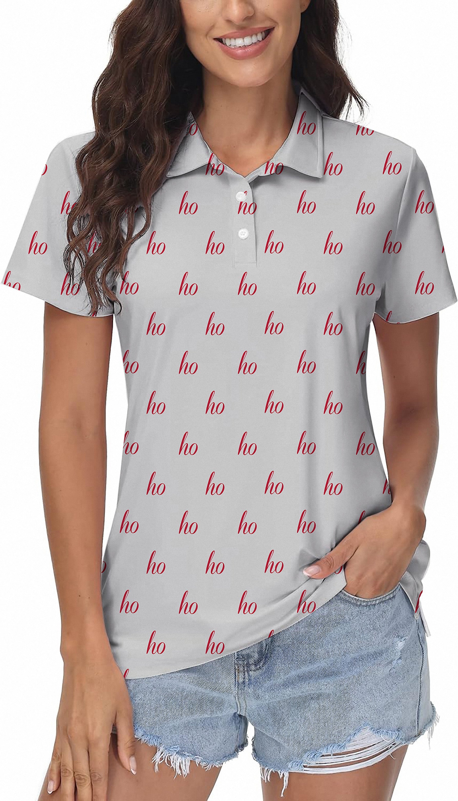 Grey custom name Christmas women's golf polo with "ho" pattern and classic fit