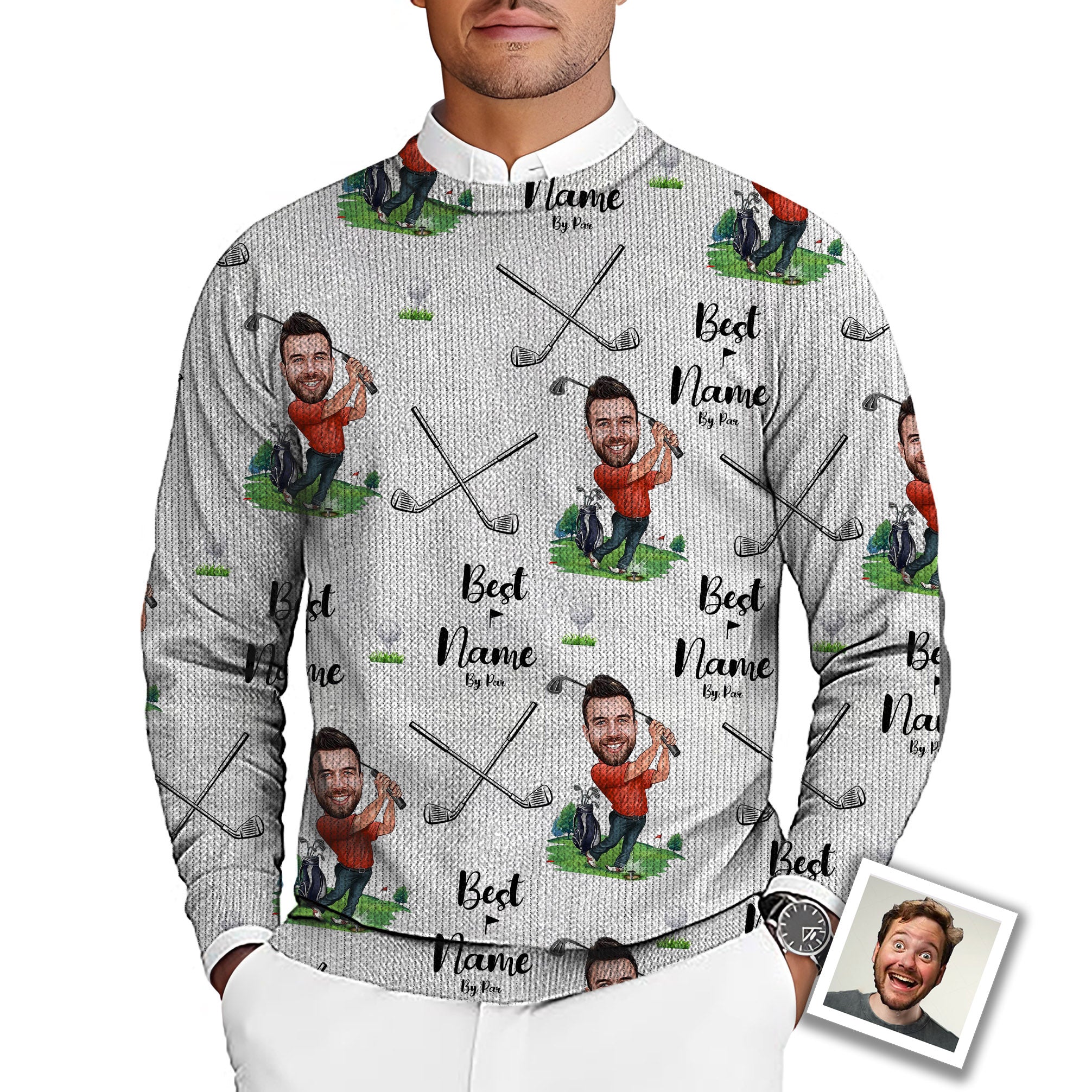 Custom Photo Face & Your Name Men's Golf Crewneck Pullover Sweaters Ugly Sweater