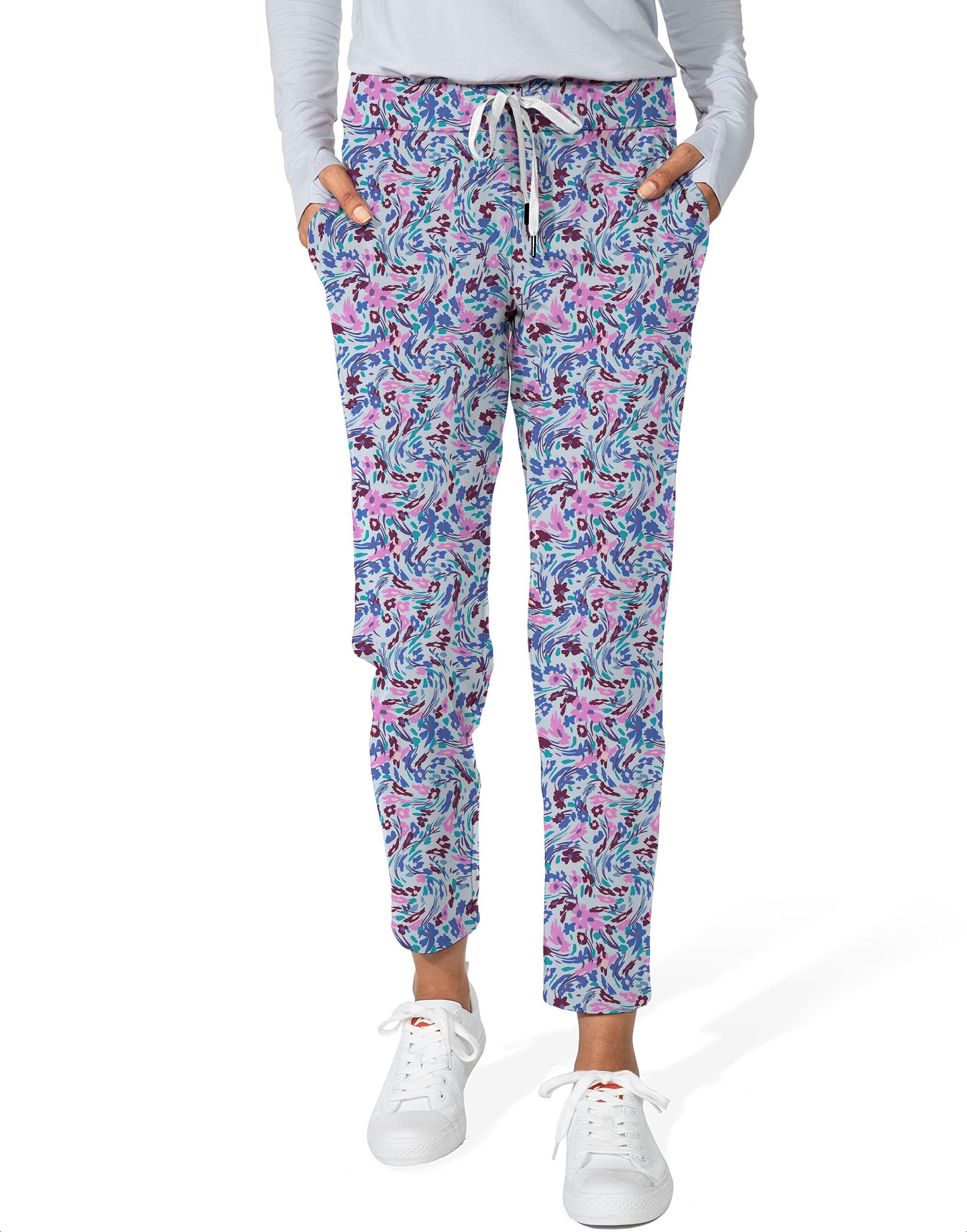 Flower Twist-Women's floral stretch ankle golf pants with drawstring waist