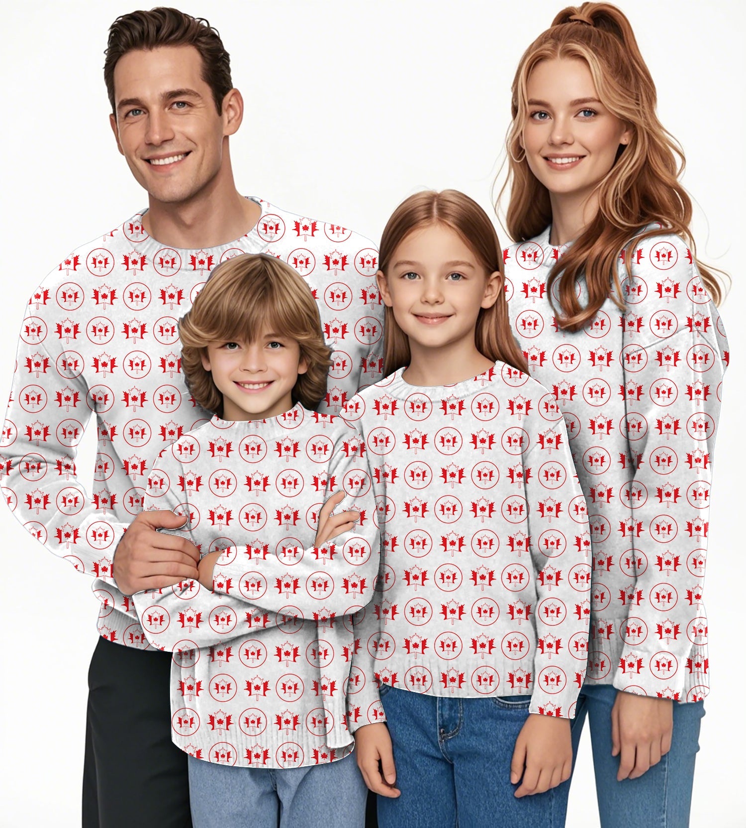Family wearing Circle Canada Maple Leaves crewneck pullover ugly sweaters