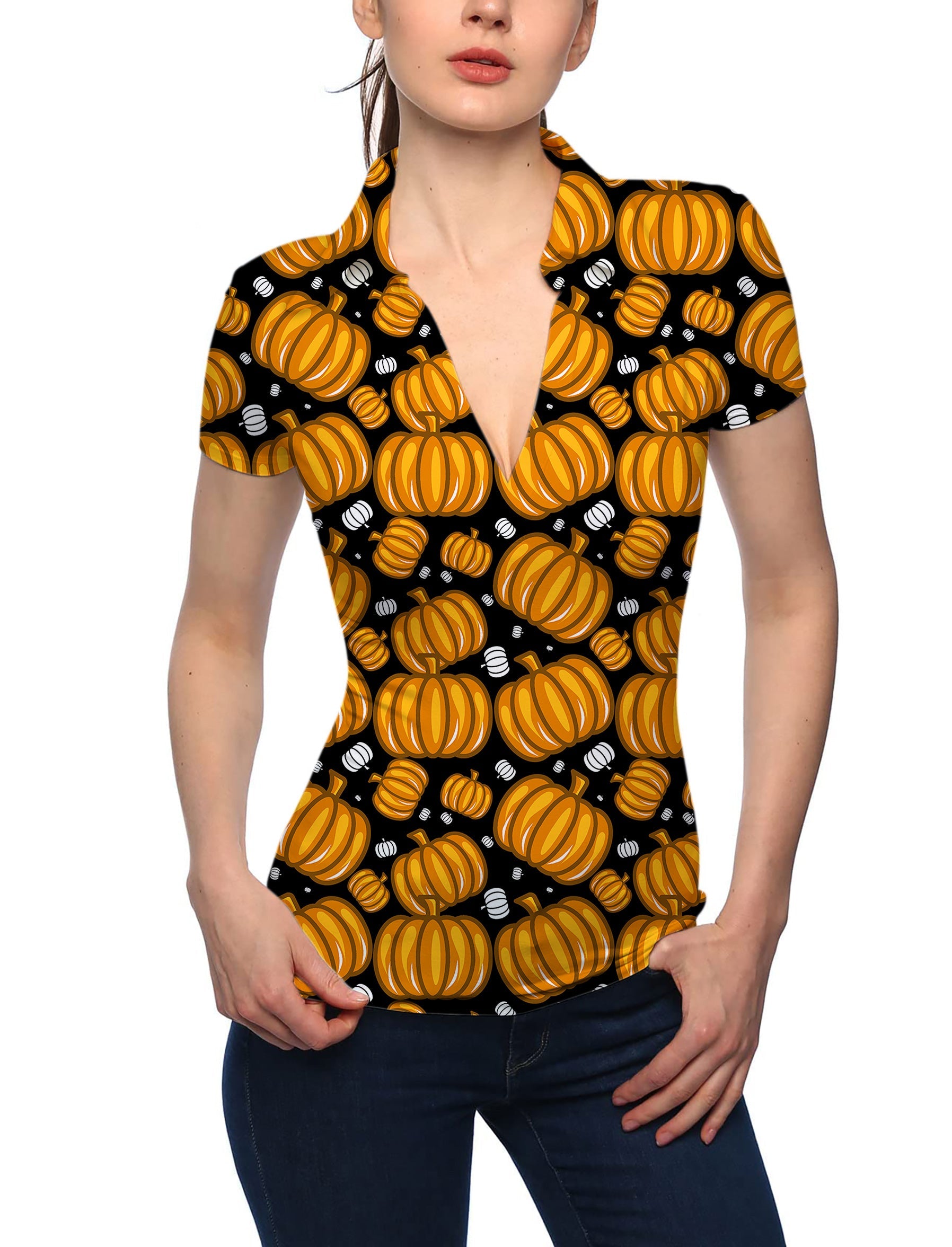 Women's Halloween pumpkin pattern V-neck golf polo shirt with stand collar and short sleeves