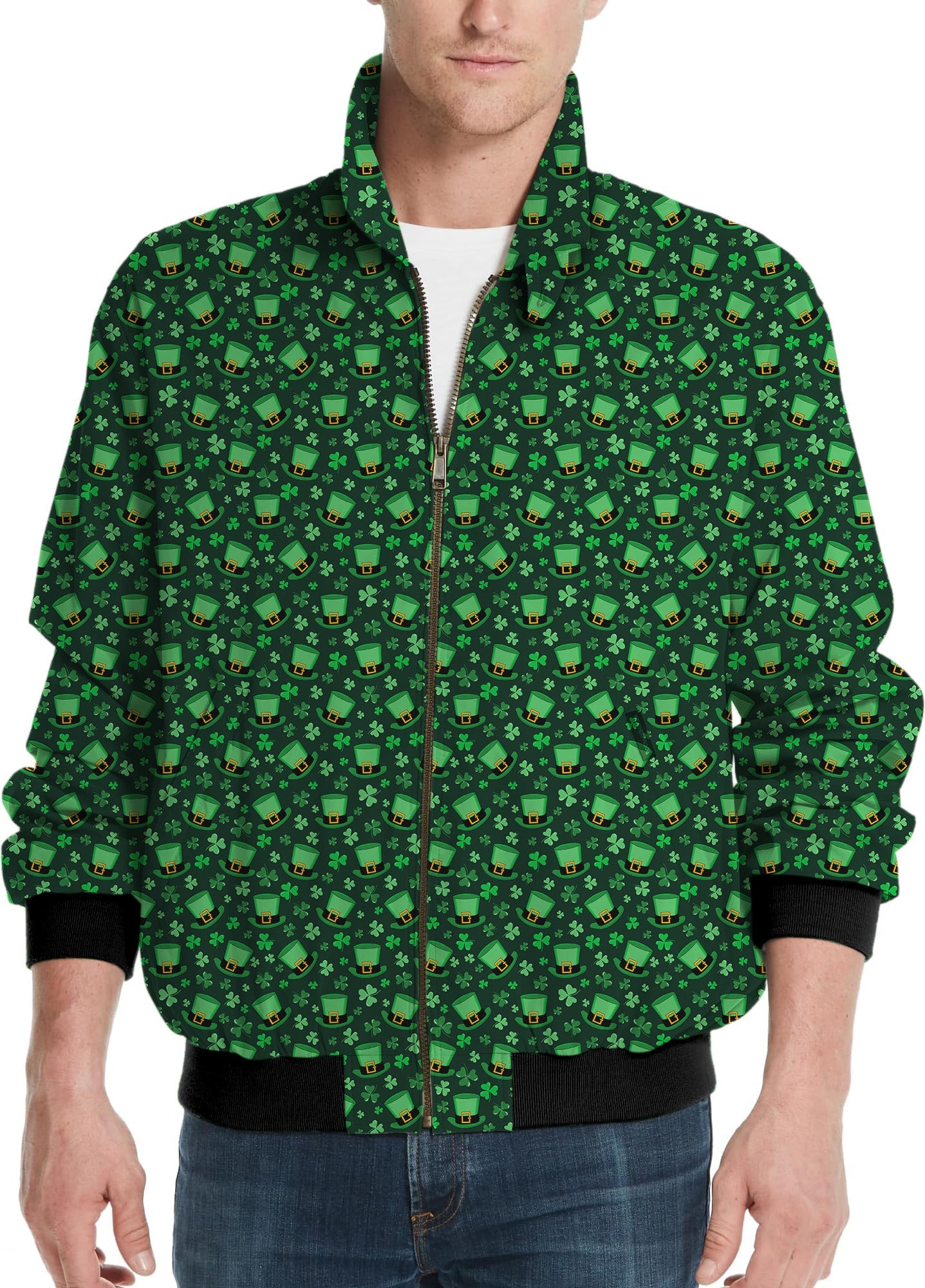 Men's golf windbreaker jacket with leprechaun hat and clover leaf St. Patrick's Day pattern