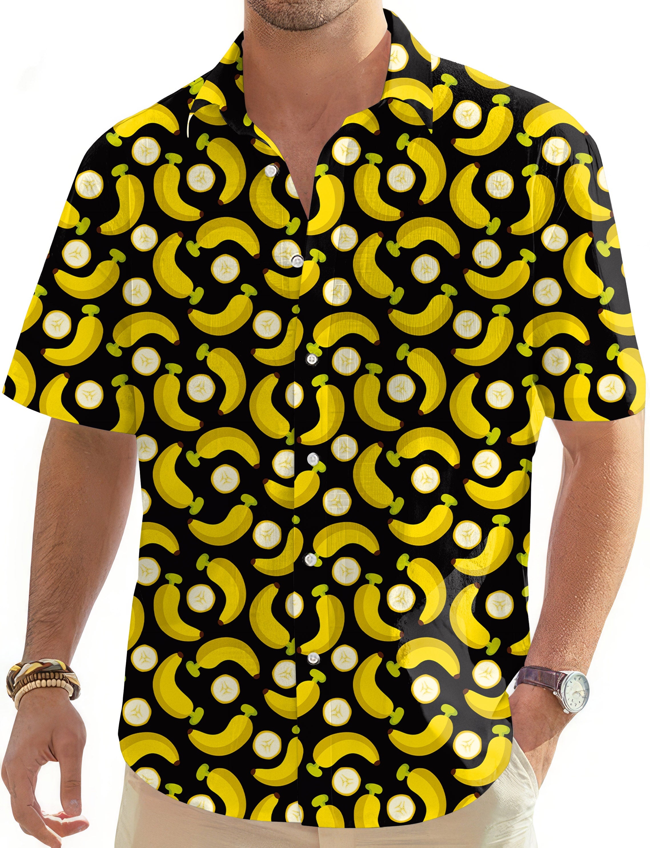 Men's Halloween Bananas and Banana Peels Hawaiian button-down shirt with black background and yellow banana pattern