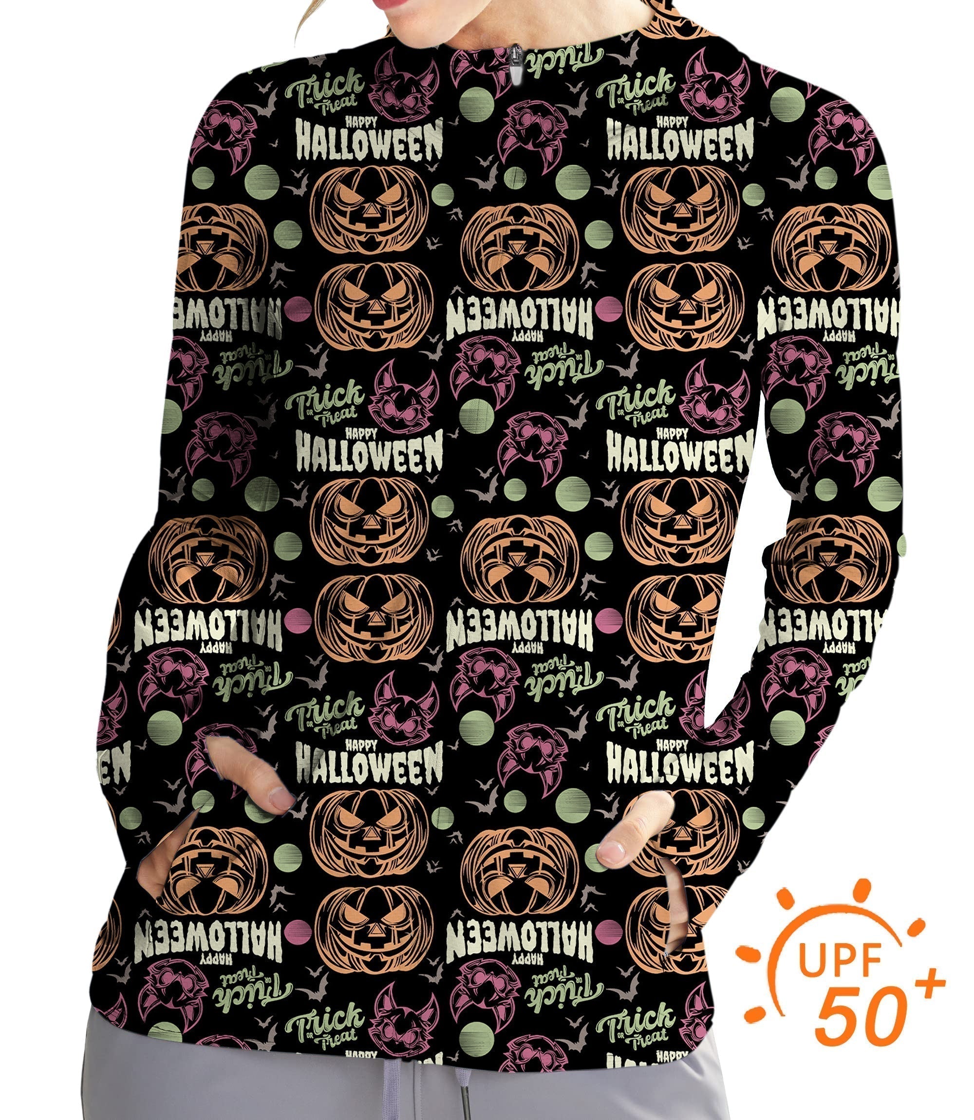 Women's outdoor slim fit zip hoodie with colorful Halloween pumpkin print and UPF 50+ sun protection