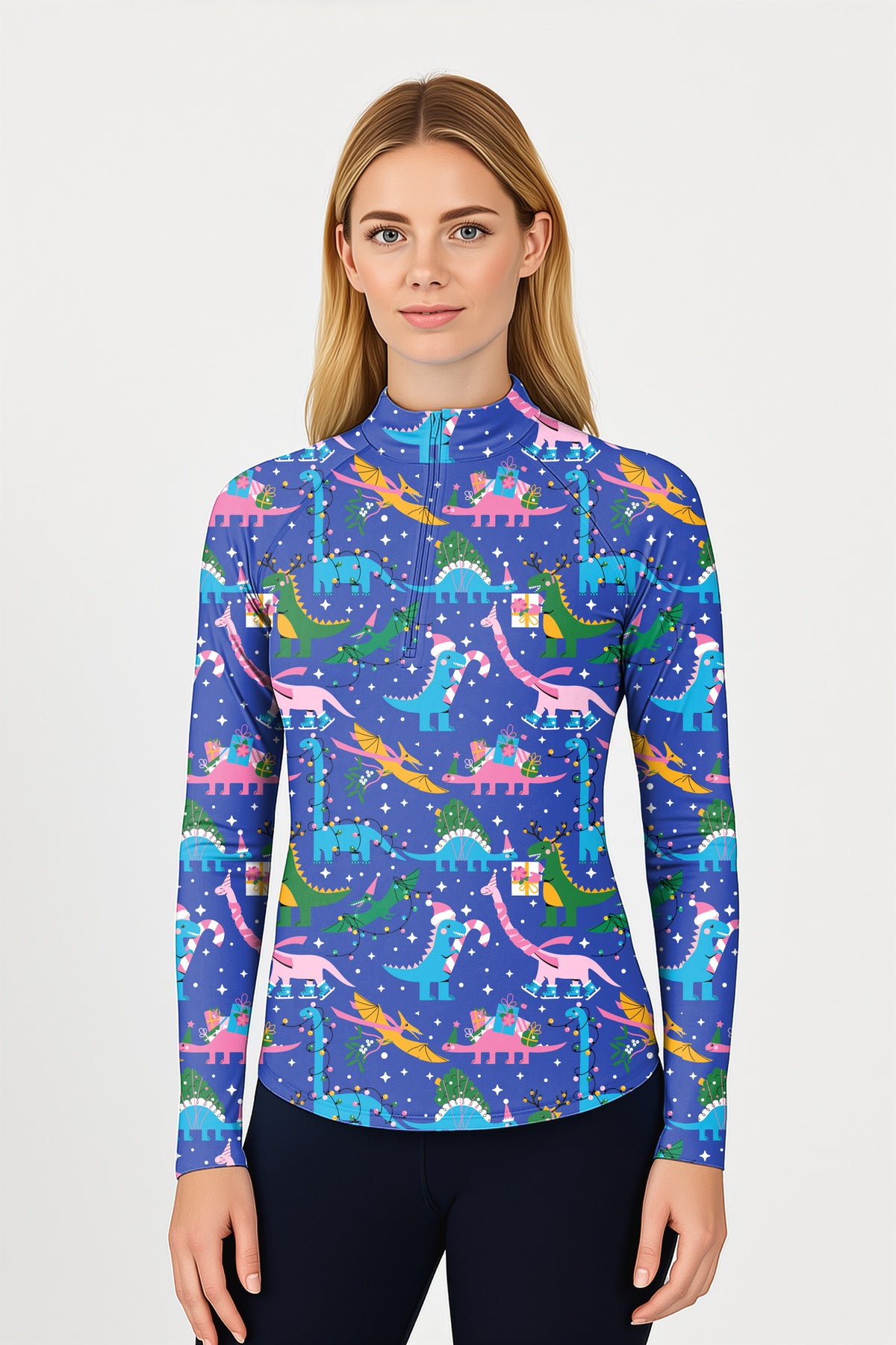 Christmas Dinosaur Women's Golf Active 3/4 Zipper Top Long Sleeves