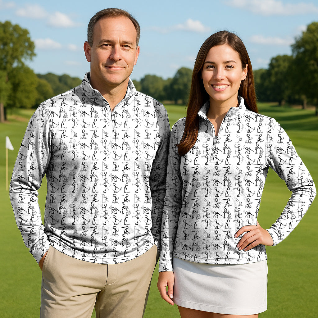 Couple wearing matching play golf active 3/4 zip long sleeve tops on golf course