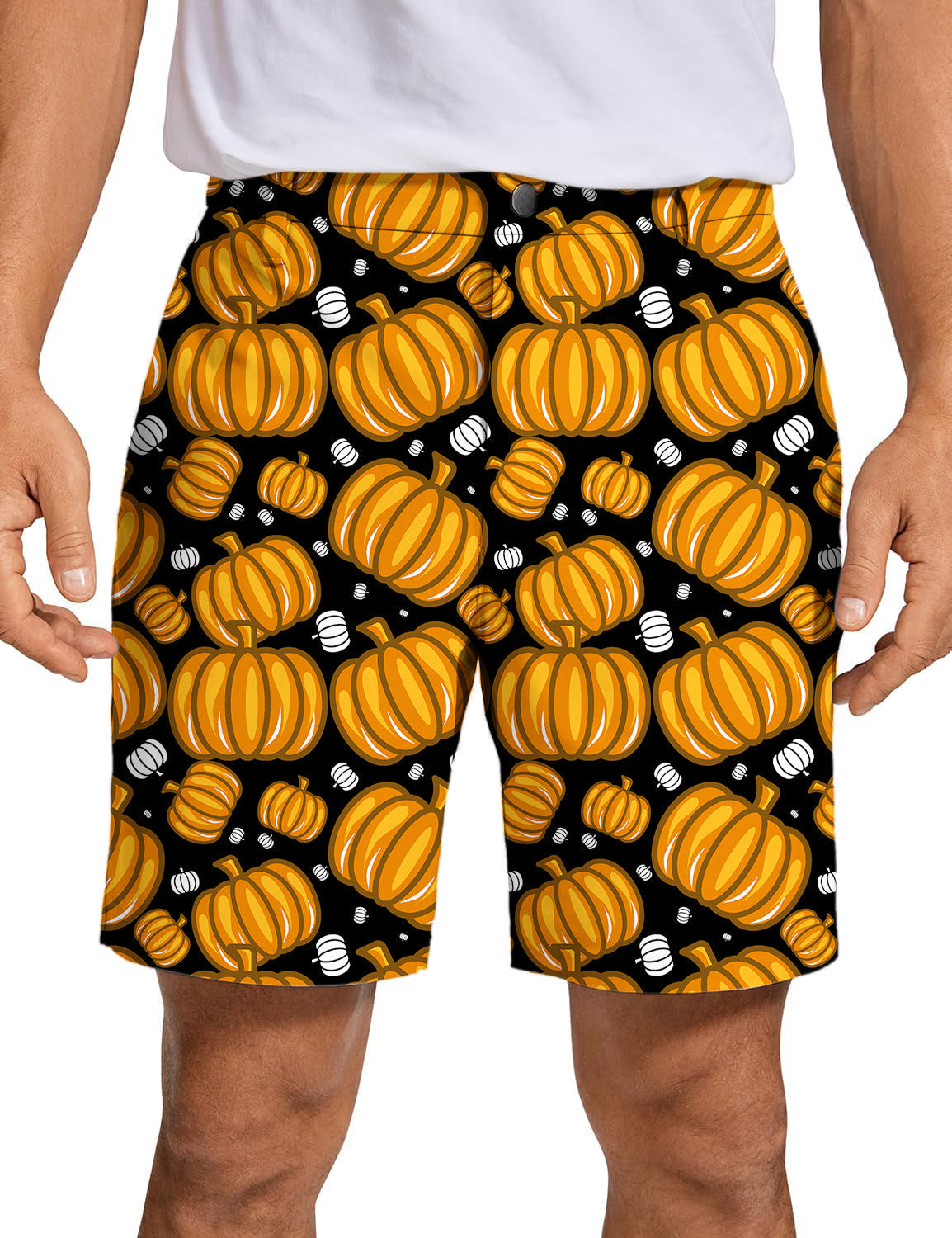 Men's Halloween pumpkin pattern golf shorts made from breathable, quick-dry, lightweight fabric