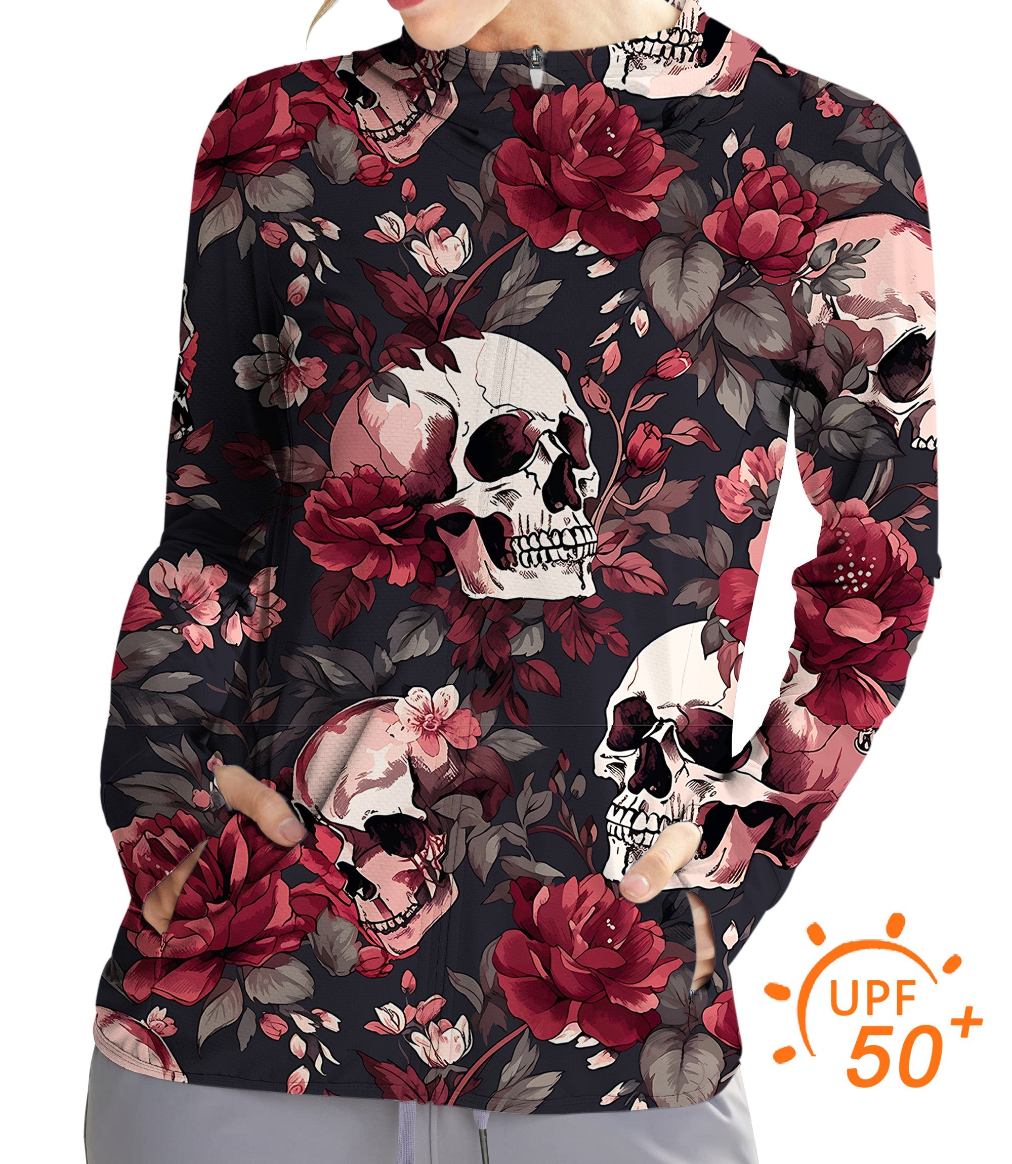 Women's outdoor Halloween floral skull zip hoodie with UPF 50+ sun protection and slim fit design