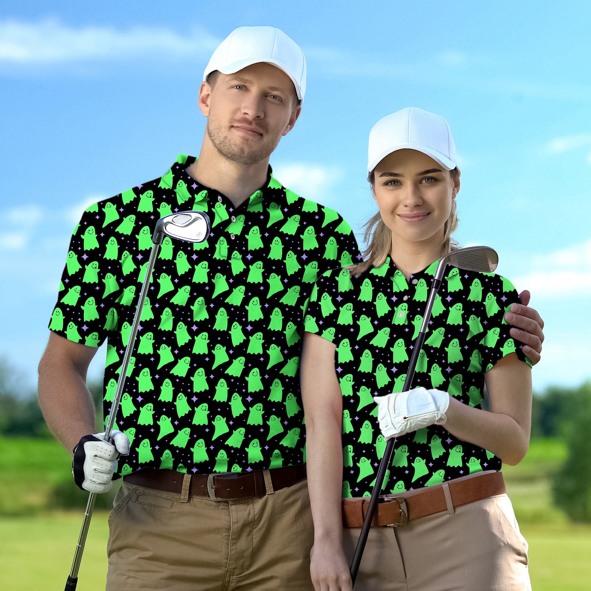 Couple wearing matching green ghost Halloween golf shirts on golf course