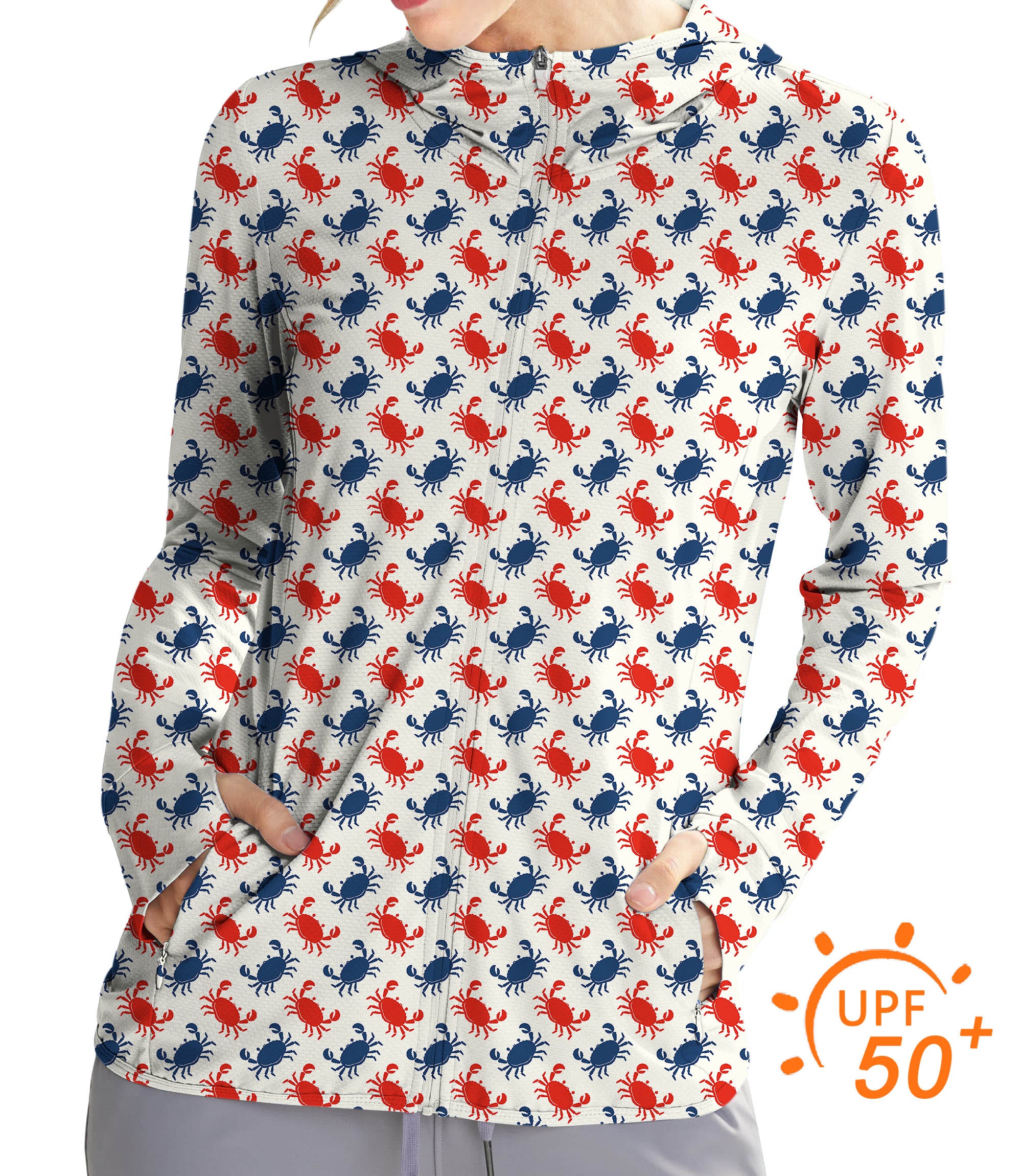 Women's Outdoor Blue and red Crab Golf Sun Protection Slim Fit zip hoodies