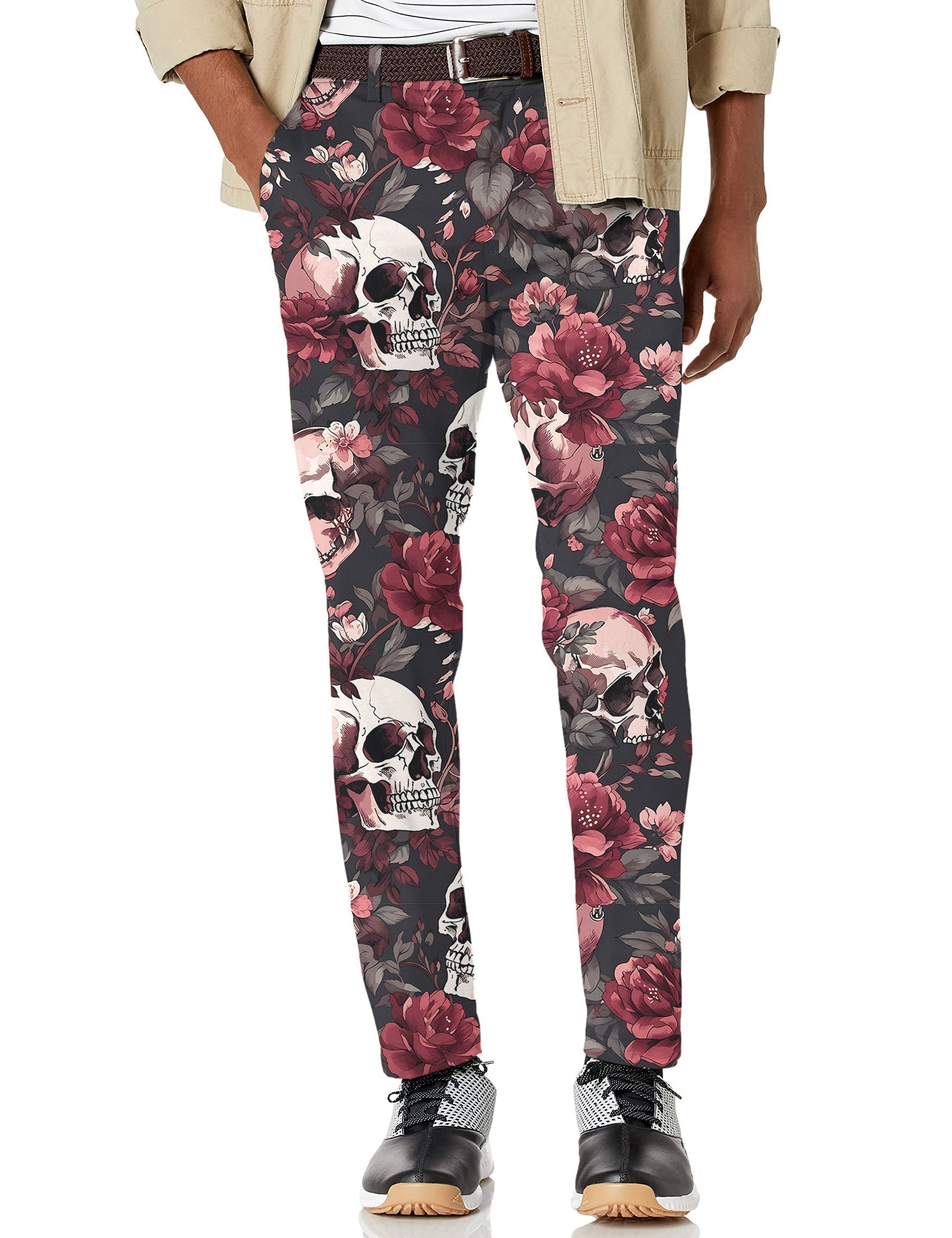 Men's Halloween floral skull stretch golf pants with moisture-wicking fabric and active waistband