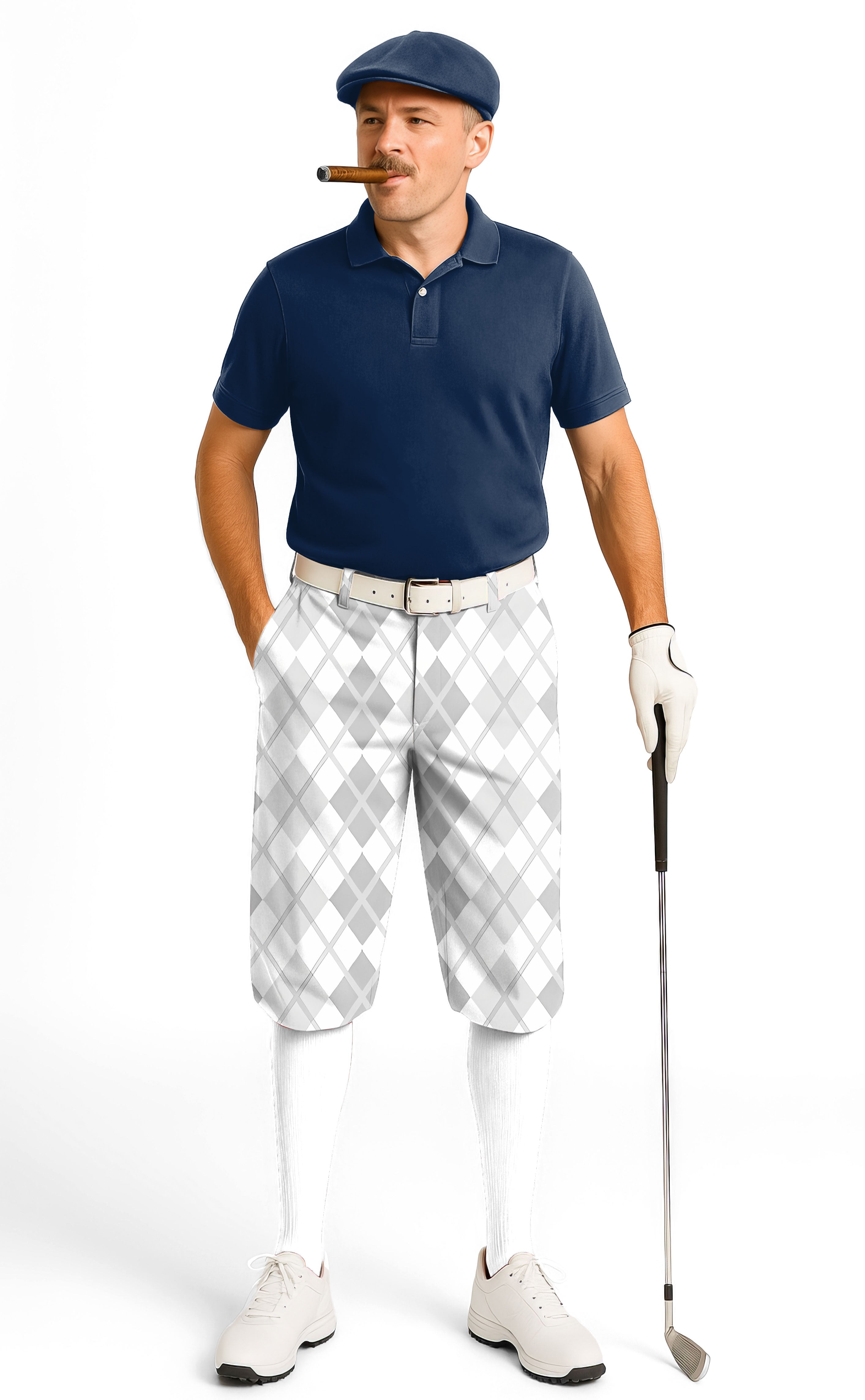 Man wearing Argyle grey grid men's golf knickers with navy polo and golf accessories