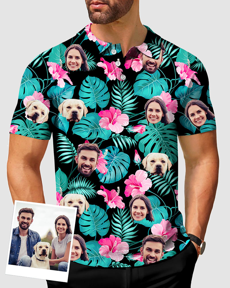 Men's Pink Flowers Custom Couple Photo Face & Pet Golf Polo