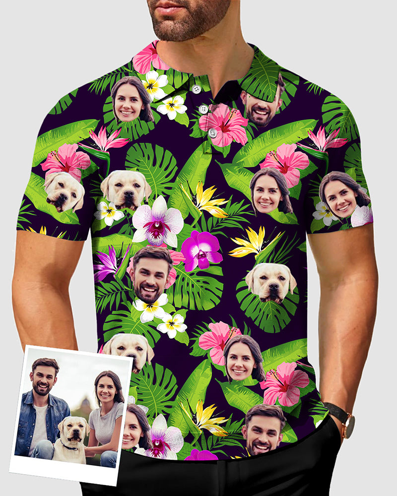 Men's Purple Flowers Custom Couple Photo Face & Pet Golf Polo