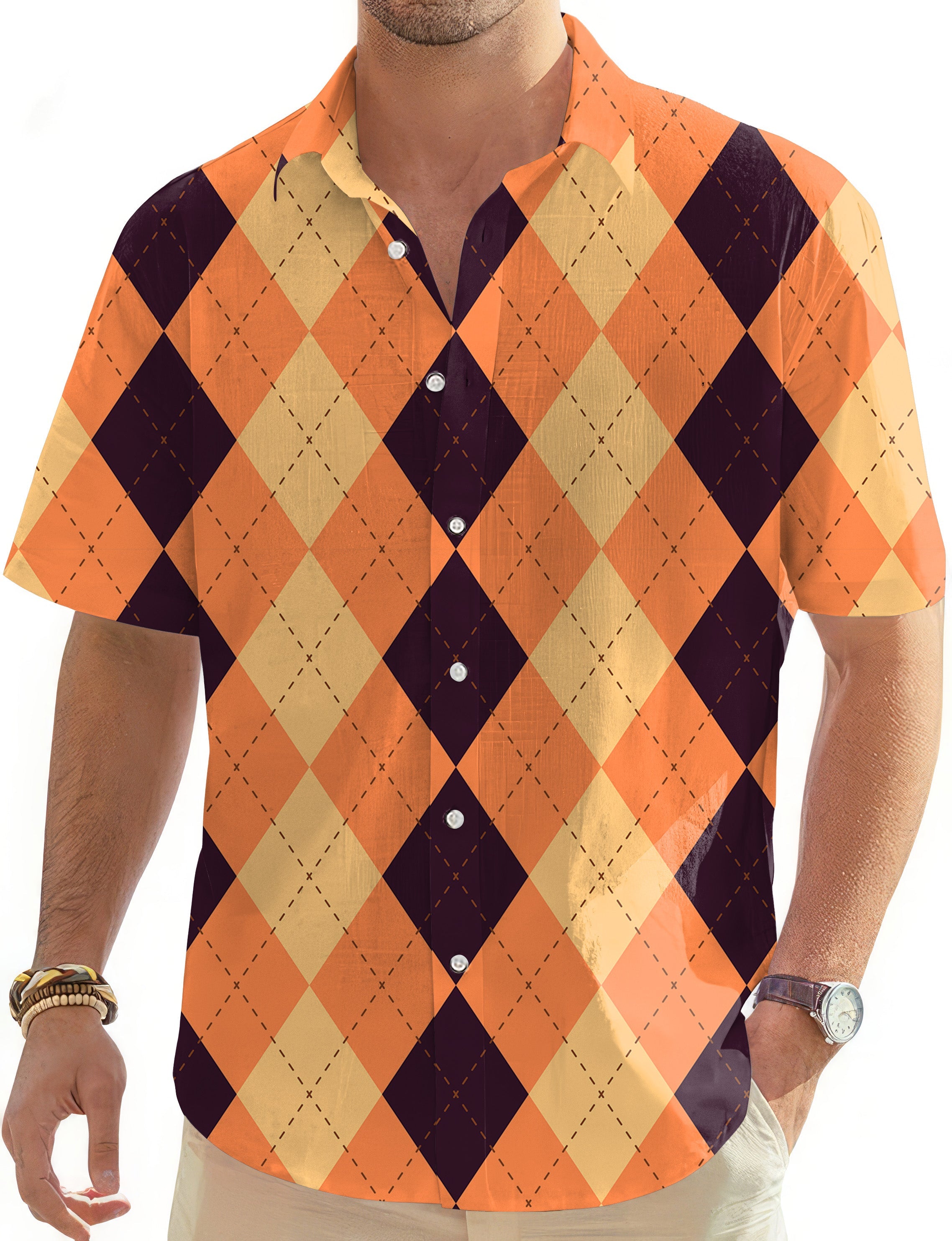 Halloween black light yellow orange argyle men's short sleeve button-down golf shirt