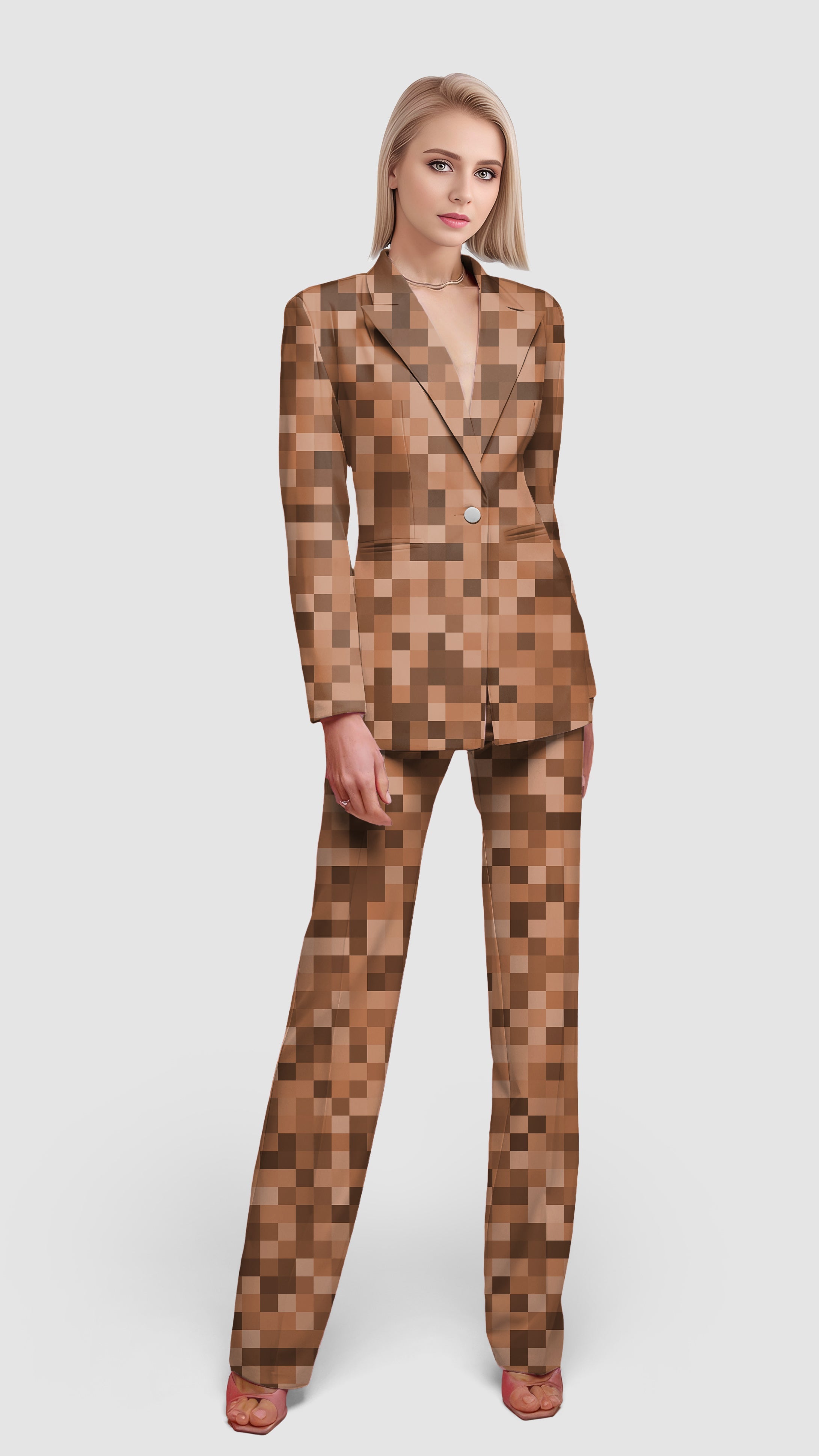 Brown pixel patterned big women's blazer suit set for casual and office wear