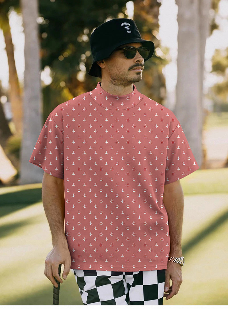Men's pink red anchor pullover high neck short sleeve t-shirt with anchor pattern