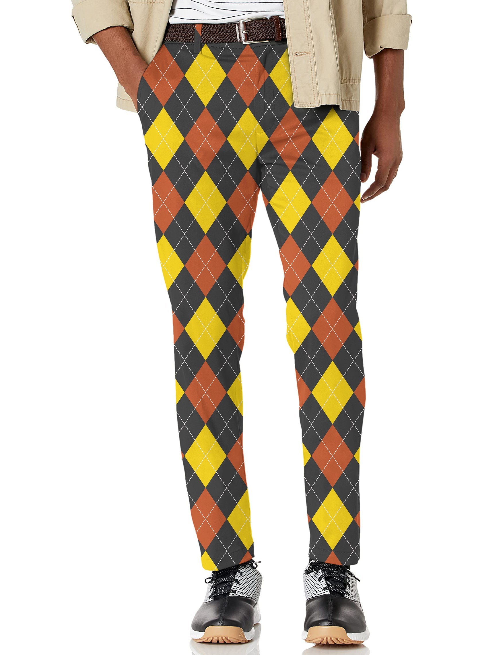 Men's red Argyle stretch golf pants with moisture-wicking fabric and active waistband