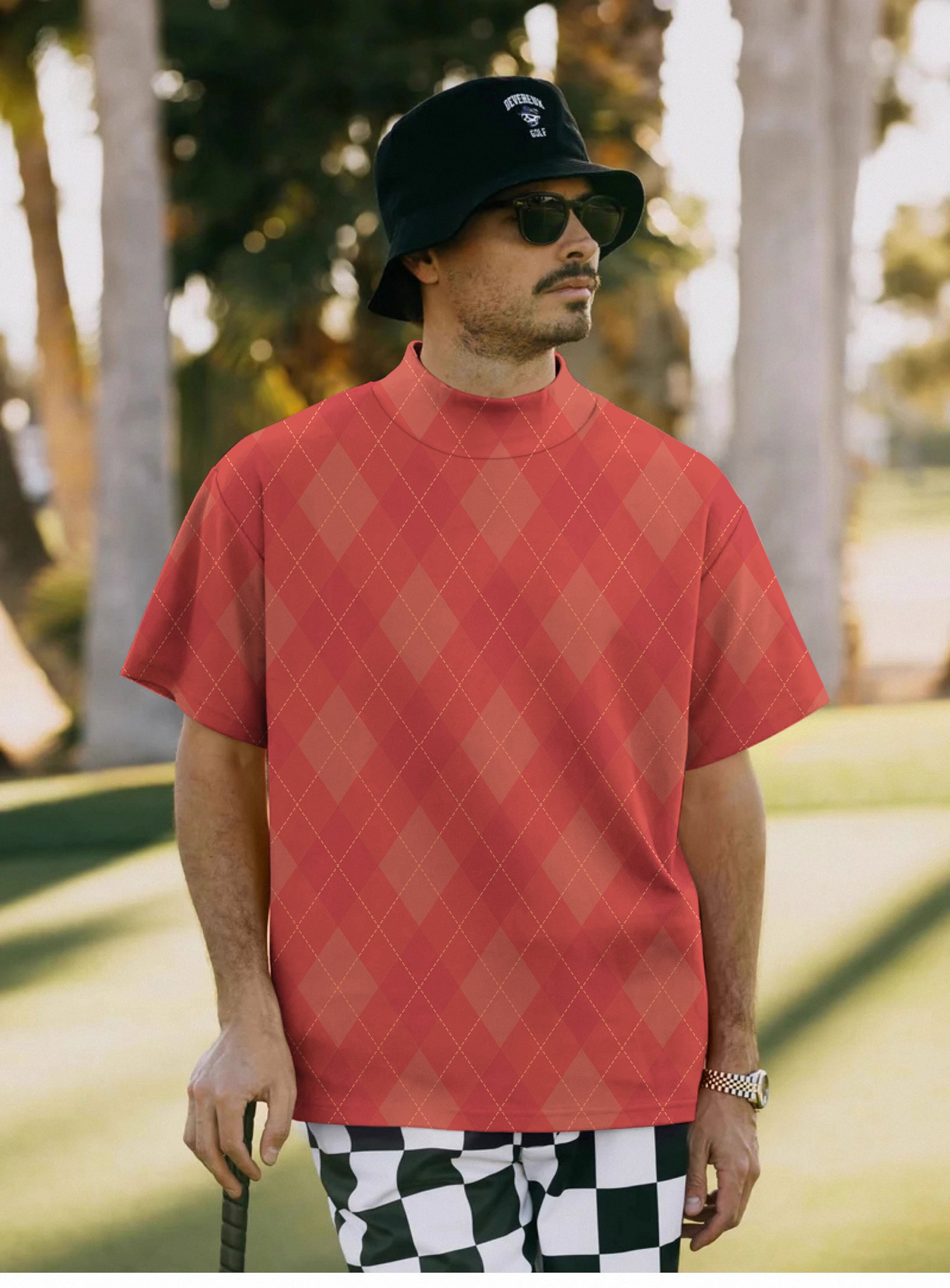 Men's red Argyle Pullover High neck Long/Short sleeve T-Shirt