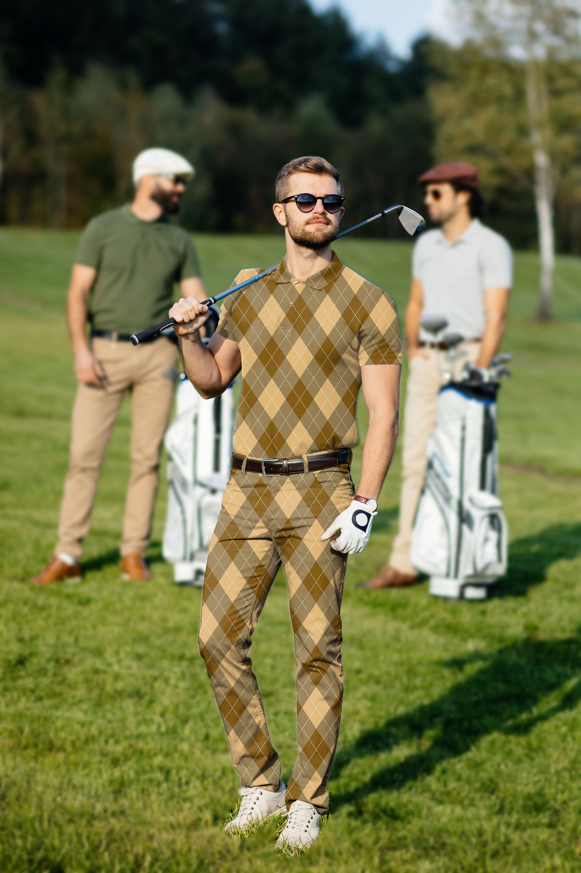Men's golf set with brown argyle polo and pants, four-way stretch, moisture-wicking fabric, UPF 40+ protection, and wrinkle-resistant classic fit