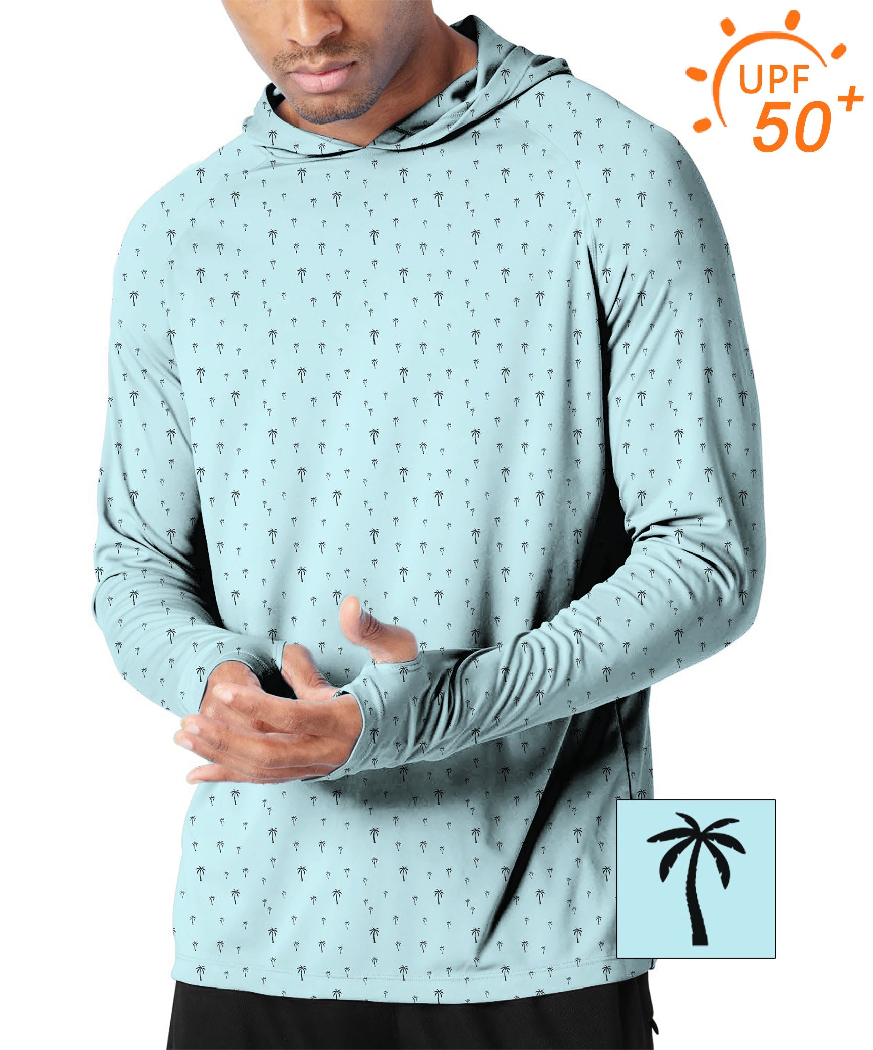 Men's outdoor light blue slim fit golf hoodie with UPF 50+ sun protection and palm print