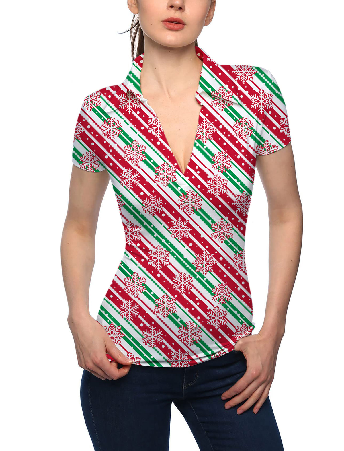 Women's Christmas Snowflake V Neck Golf Polo