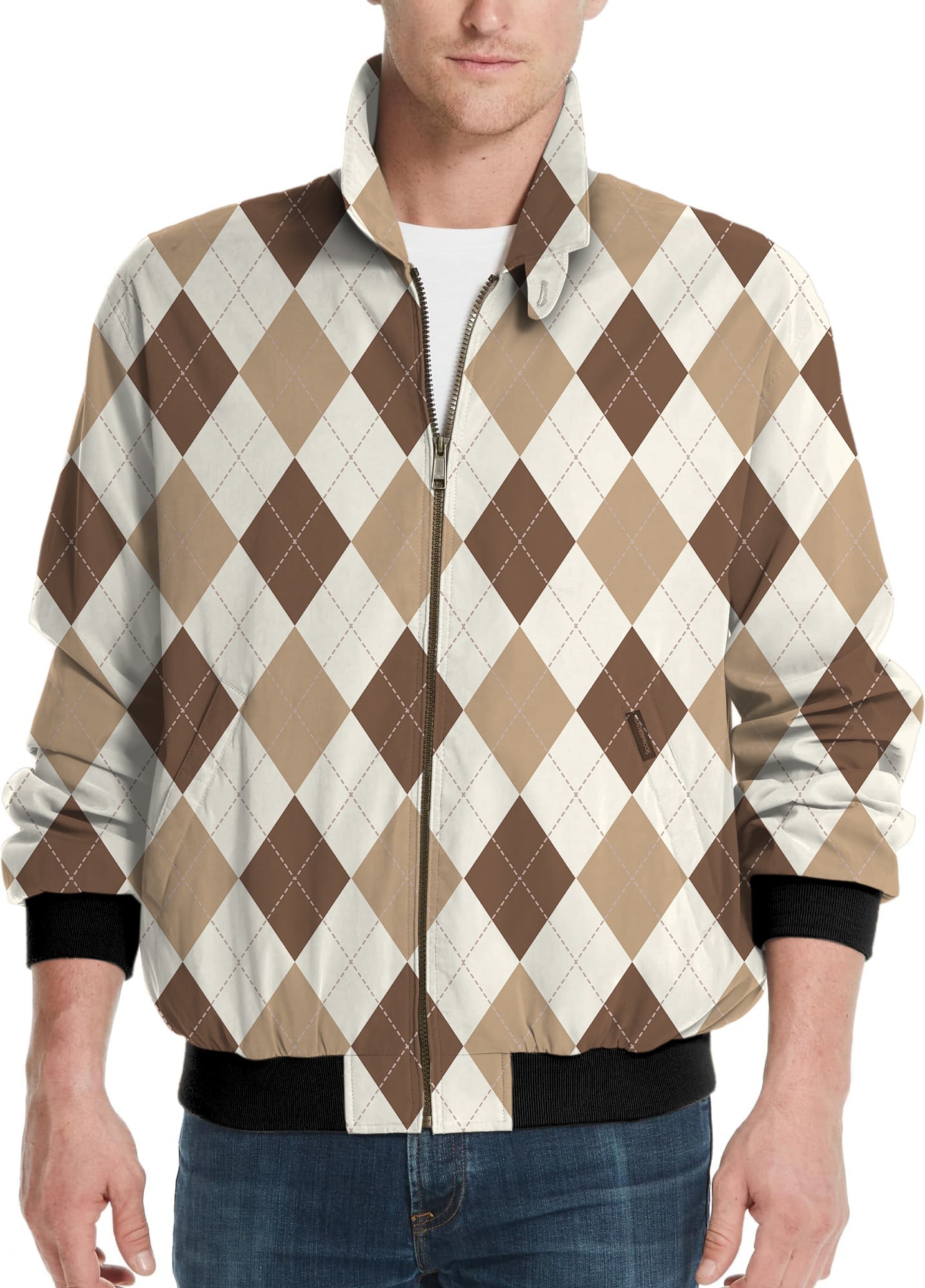 brown Argyle men's golf windbreaker light jacket with zip front and diamond pattern
