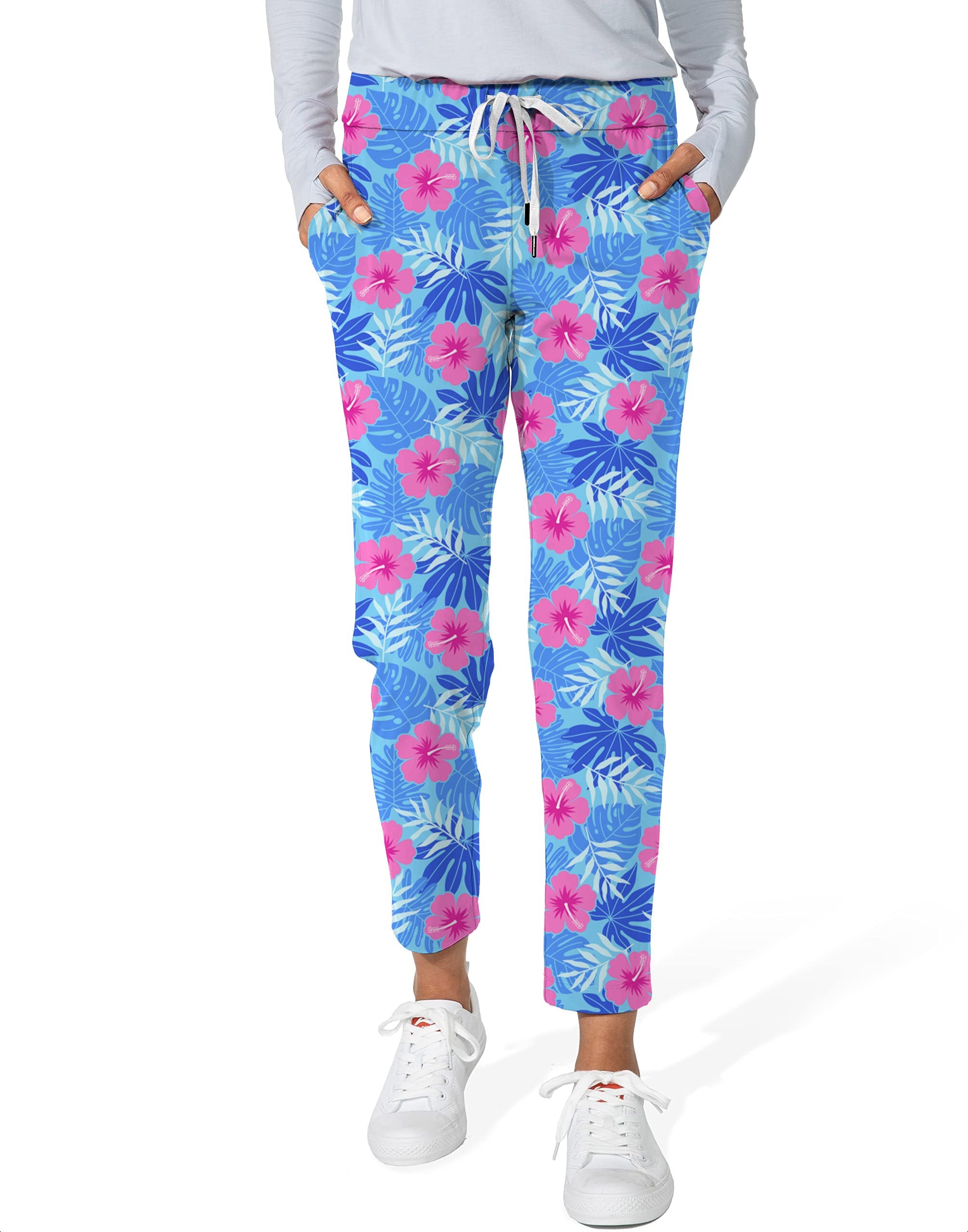 Women's Vivid Bloom flower 7/8 stretch ankle golf pants with blue and pink floral print
