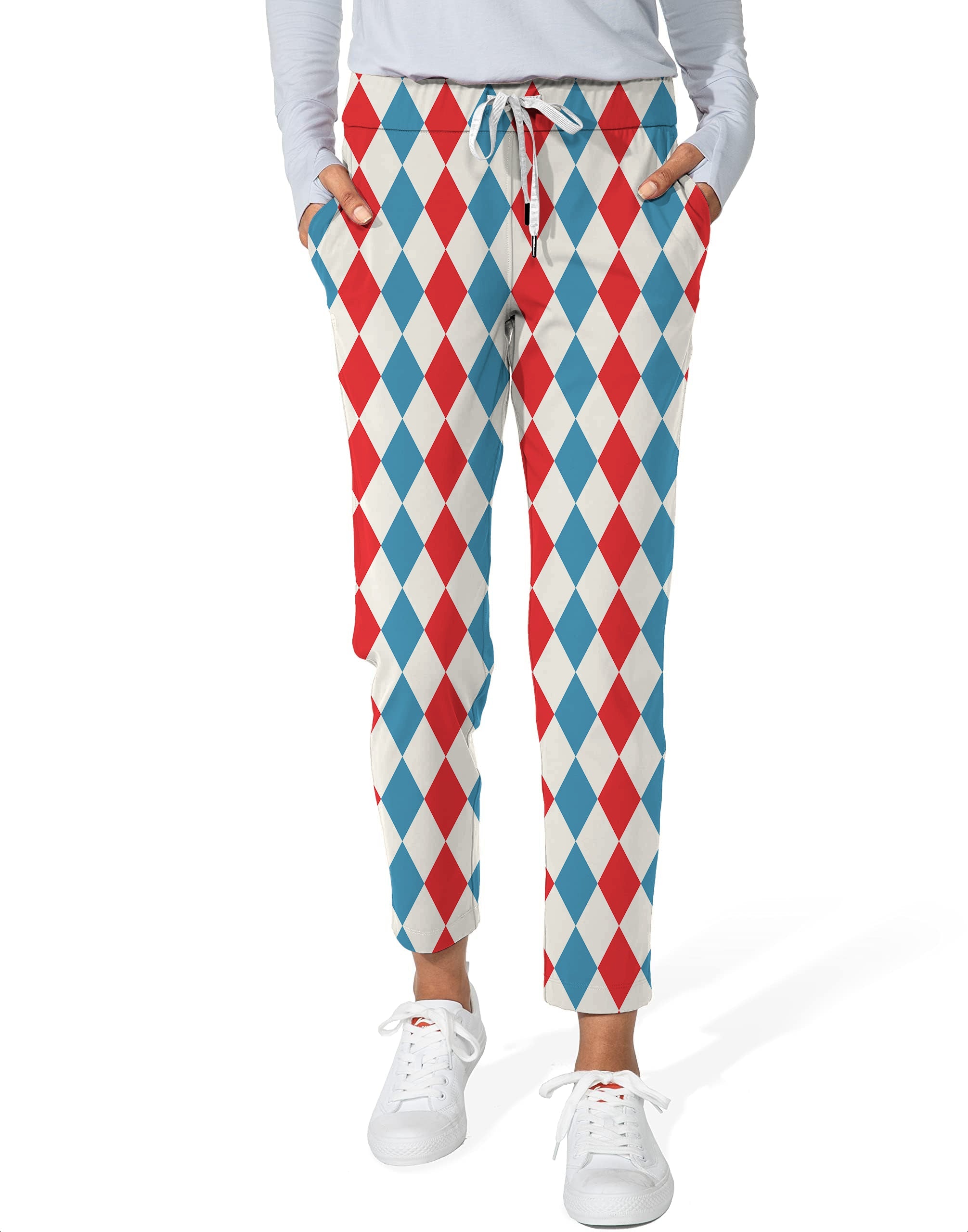Women's 7/8 stretch ankle golf pants with geometric checkerboard Argyle pattern in red, blue, and white.