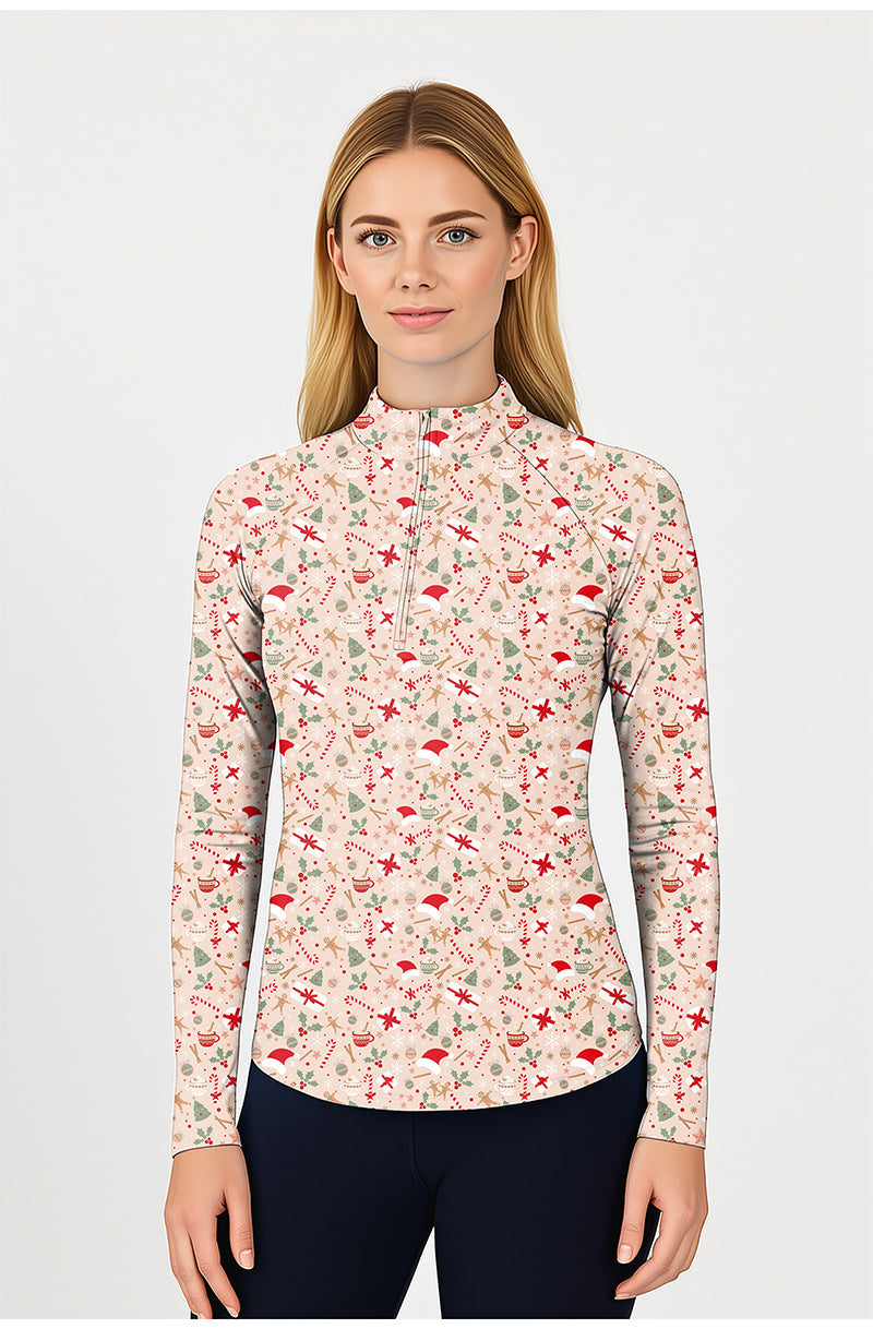 pink Christmas women's golf active 3/4 zip top with long sleeves and festive pattern