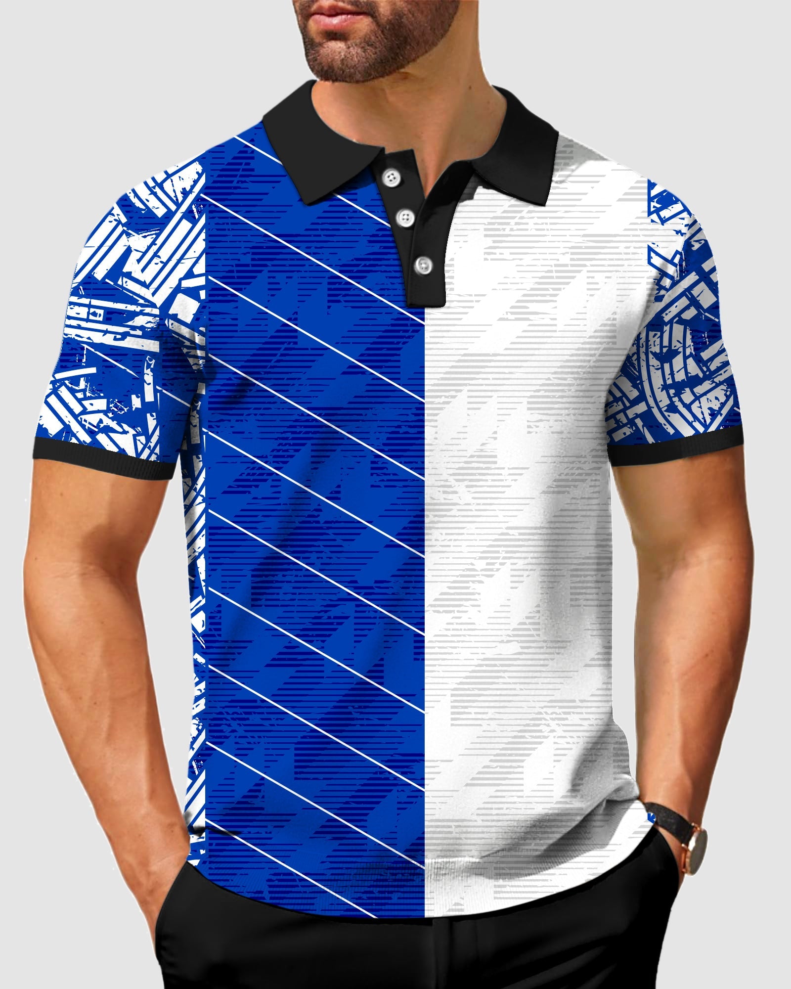 Men's blue stitching custom sport team competition polo shirt with black collar and moisture-wicking fabric