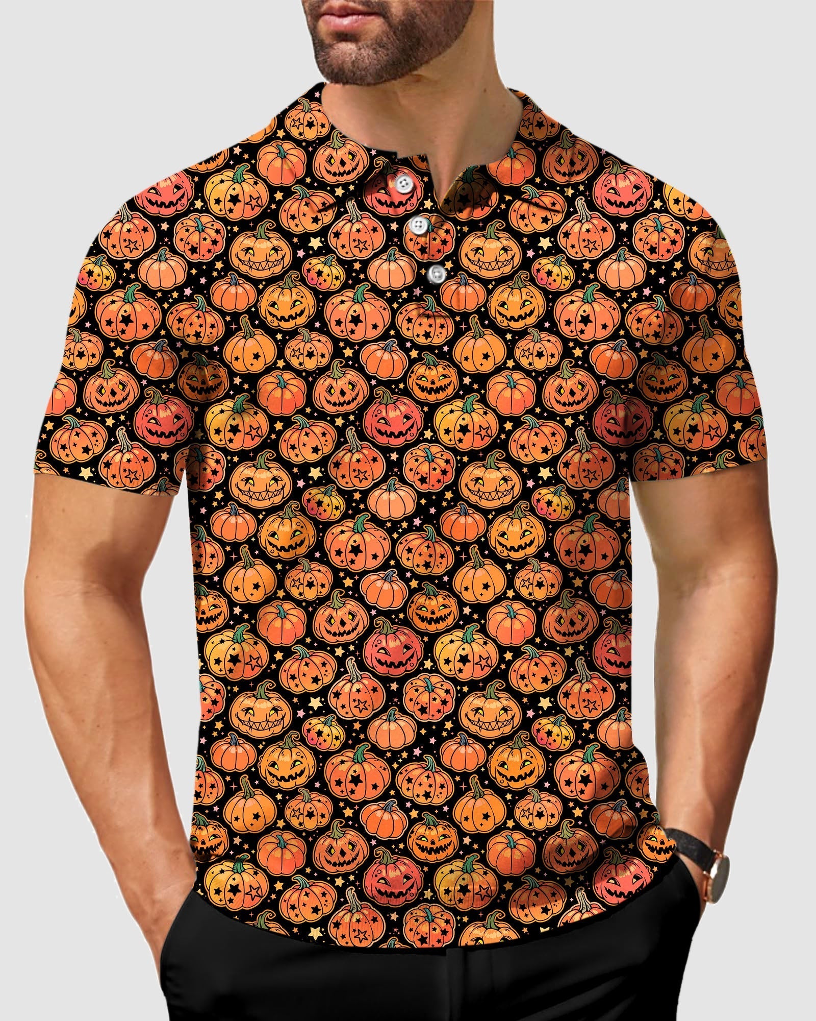 Men's Halloween Star Pumpkin Bones Polo with pumpkin and star pattern, moisture-wicking, wrinkle-resistant, UPF 40+, four-way stretch, classic fit polo shirt