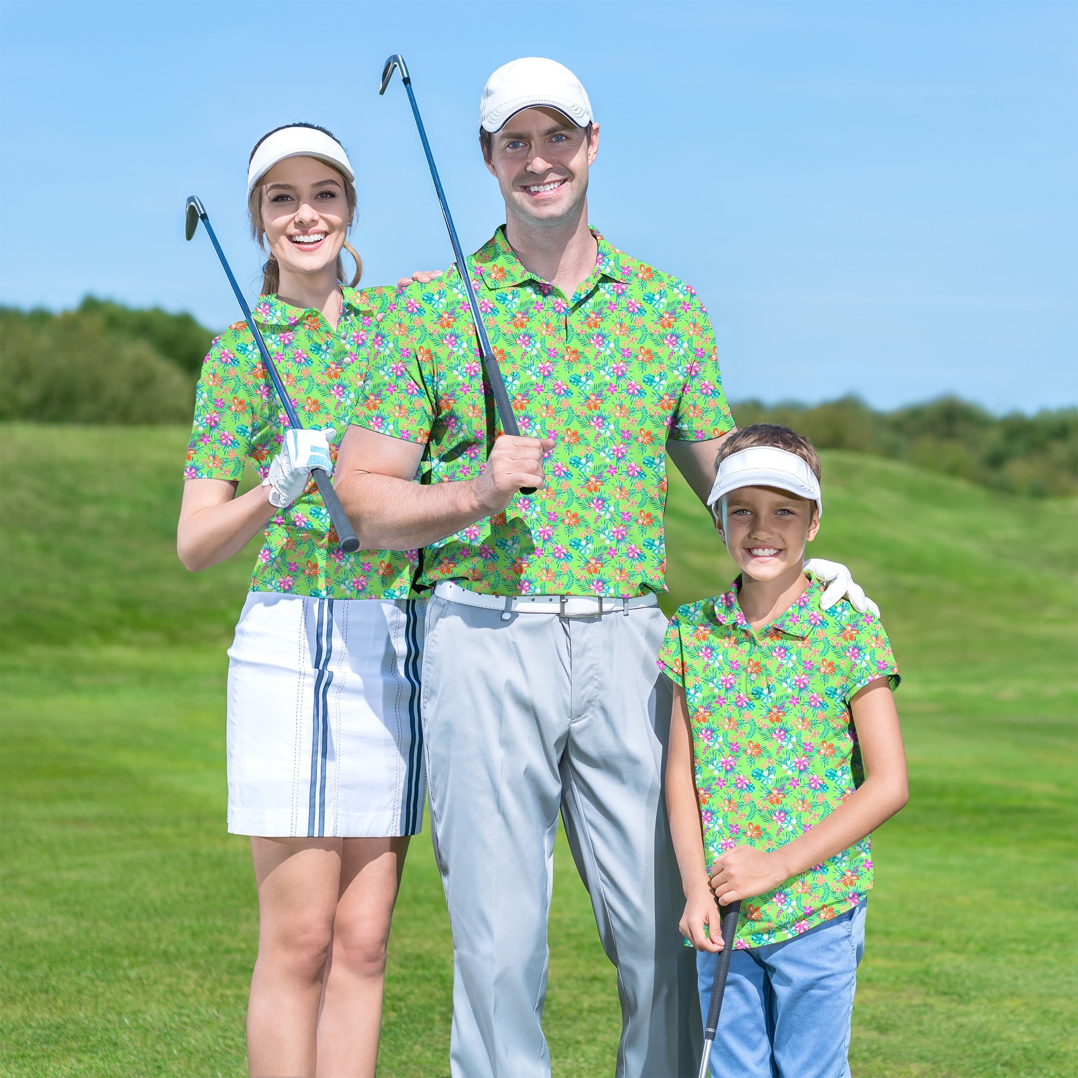 Family wearing Vibrant Blossom set golf outfits posing with clubs on golf course