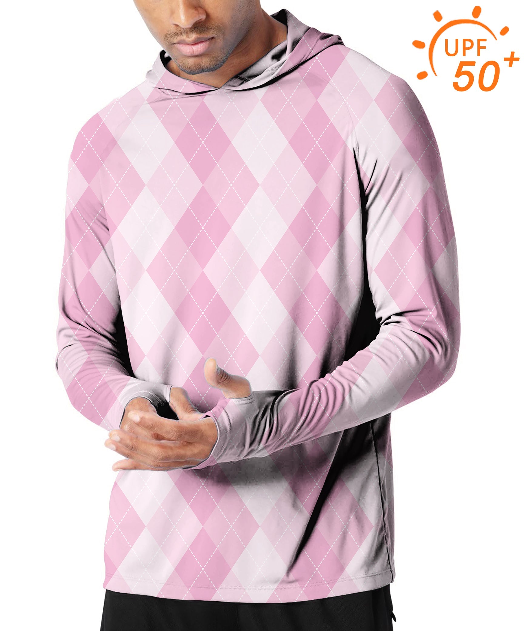 Men's outdoor pink argyle slim fit hoodie with UPF 50+ sun protection for golf and active wear