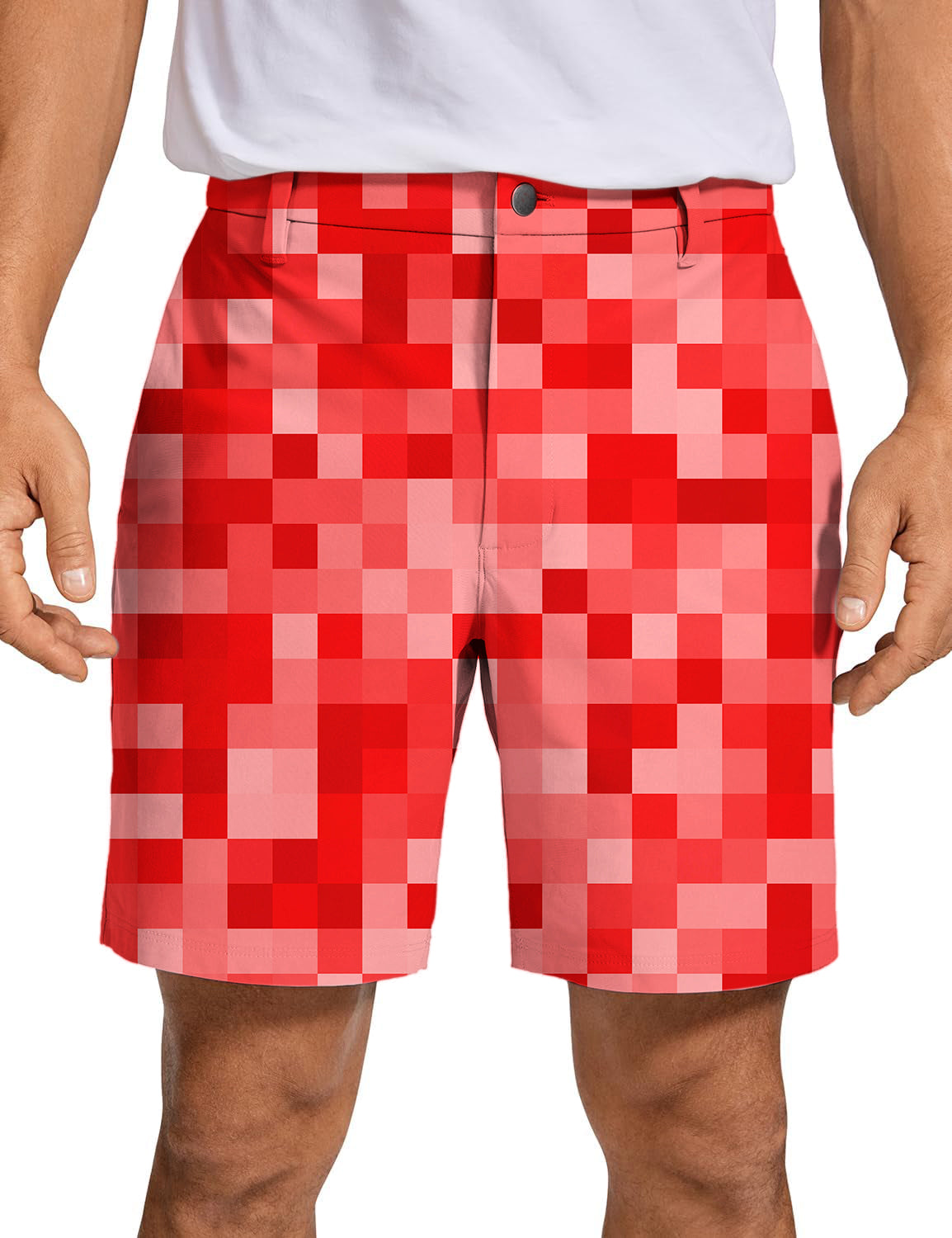 Men's red pixel pattern big golf shorts with quick-dry, breathable, and stretch fabric