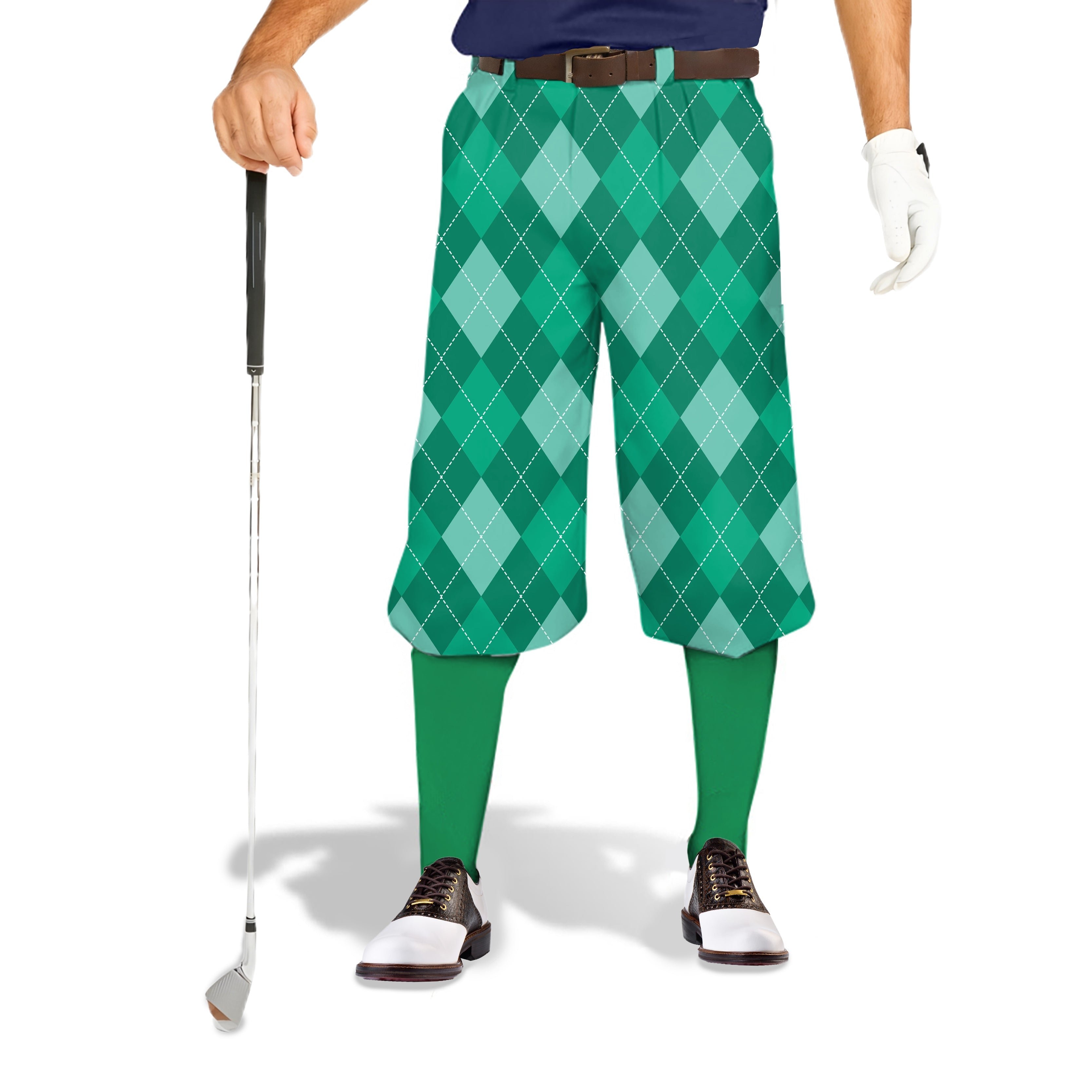 Men wearing green argyle-patterned golf knickers with snug ankle cuffs and golf gloves holding a golf club