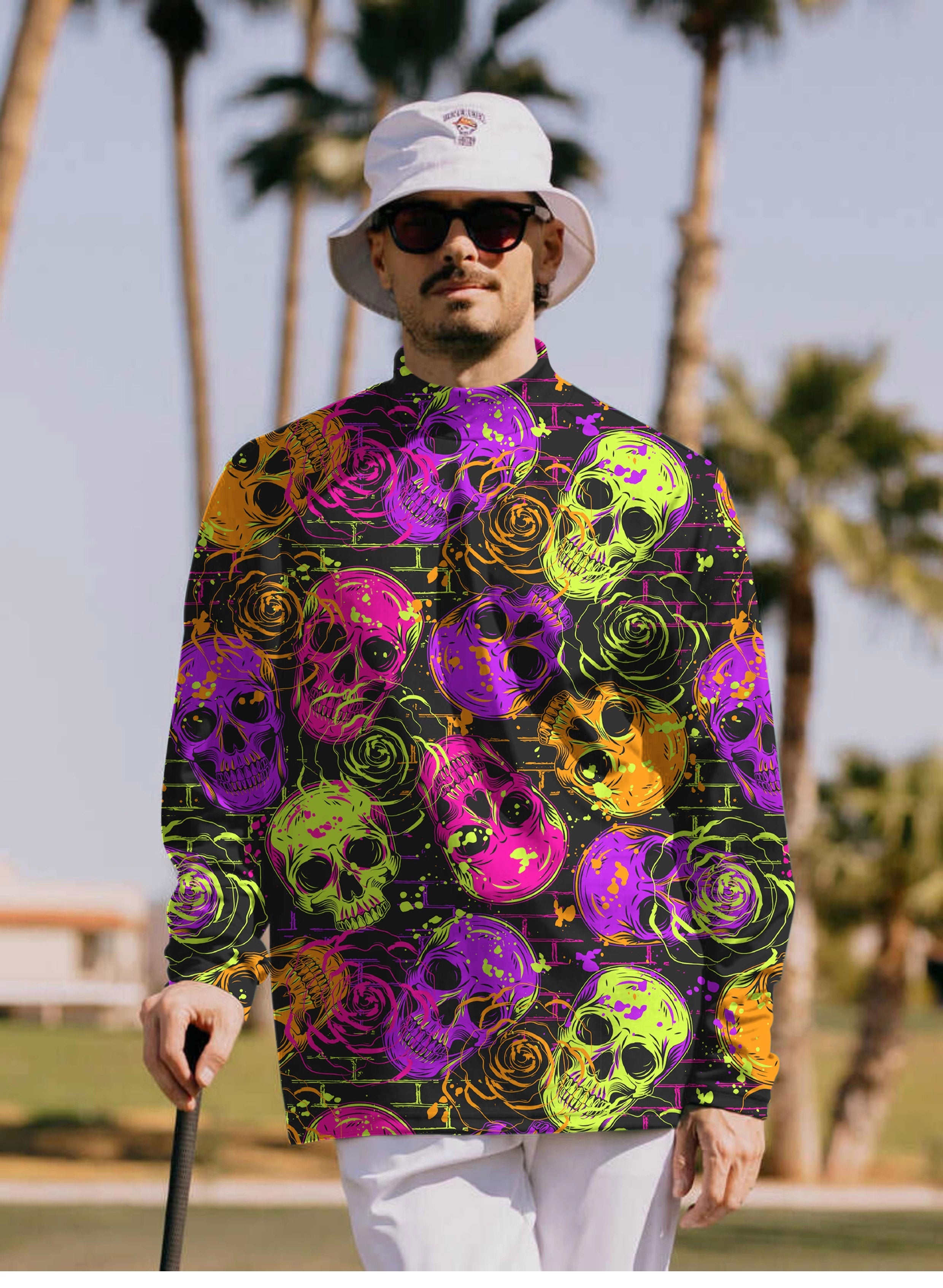 Men's Halloween colors skull pullover high neck long sleeve t-shirt with neon skull and rose design