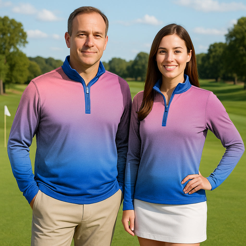Blue-Pink Gradient Couple Golf Active 3/4 Zipper Top Long Sleeves