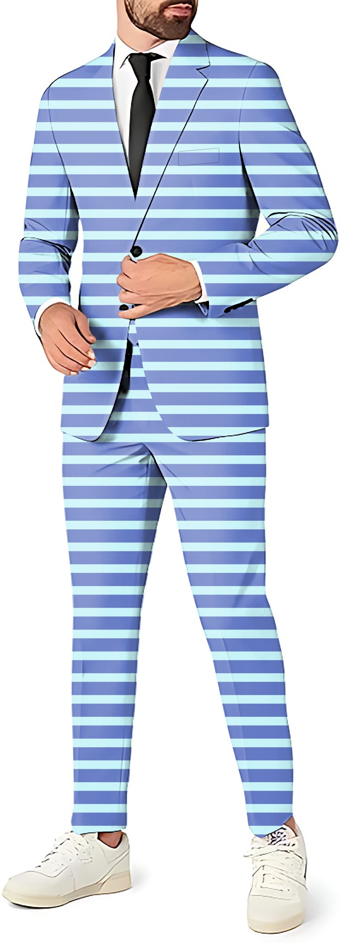 Men's summer stripes party suit with blazer, pants, and vest in light blue and white for themed events