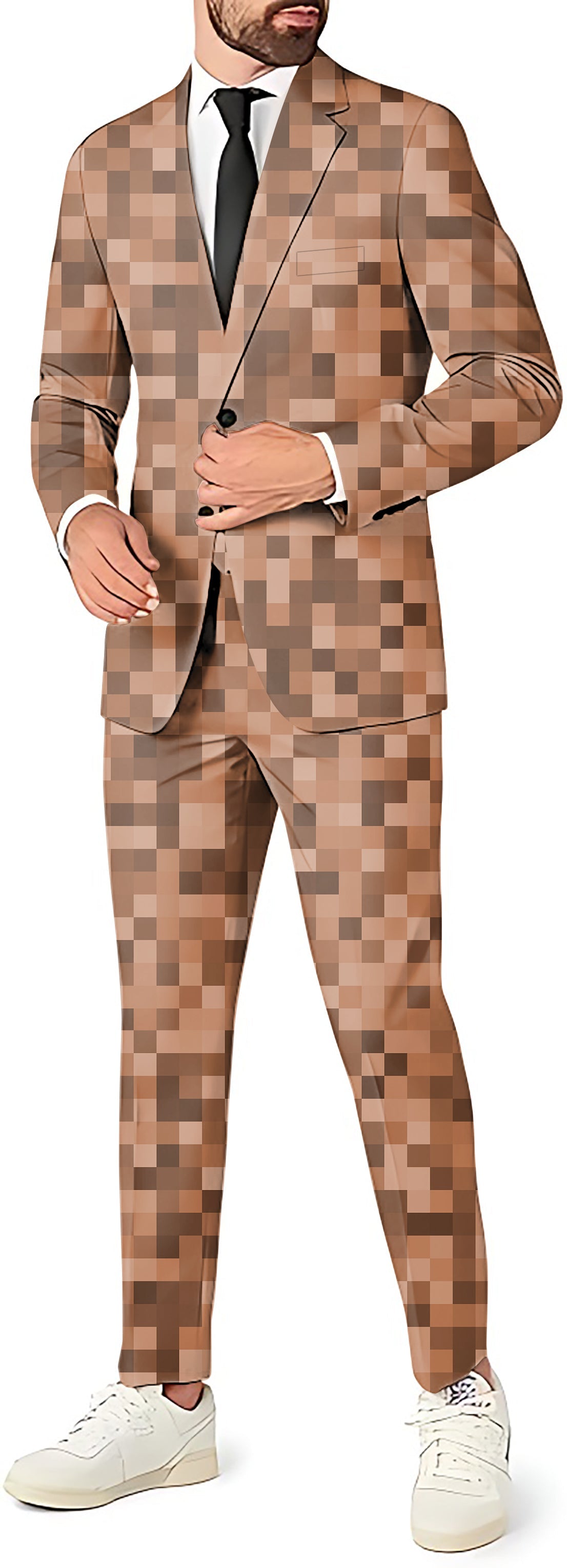 Brown pixel big men's party costume with blazer, pants, and vest in pixelated pattern