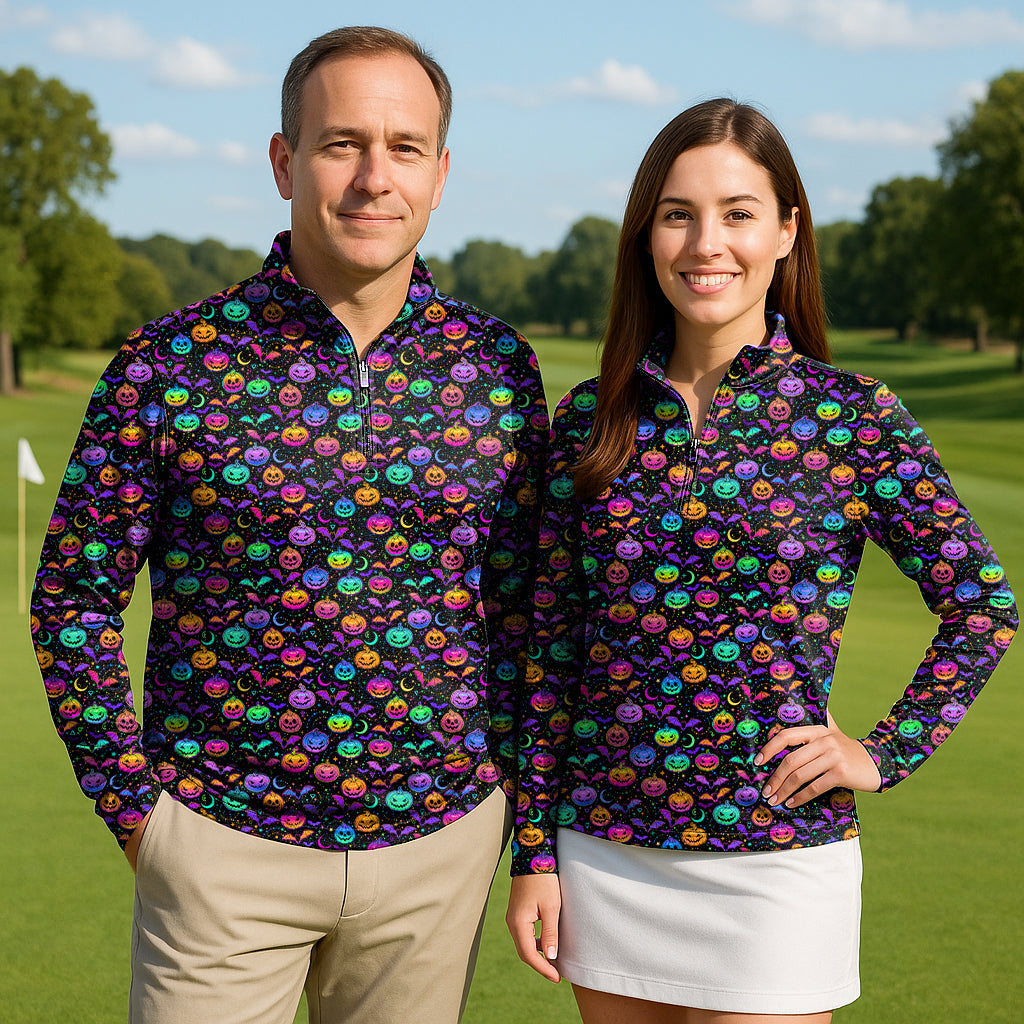 Neon Halloween Pumpkin couple golf 3/4 zip tops with long sleeves in featherlight fabric