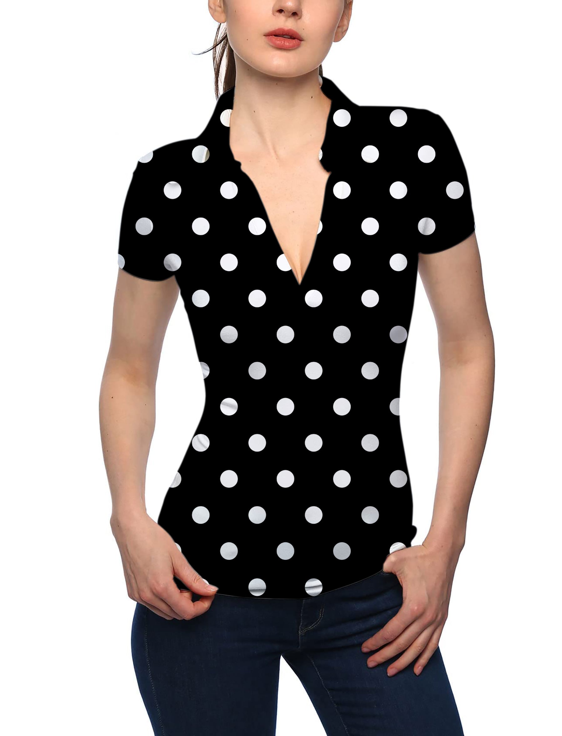 Women's Pink Polka Dots V Neck Golf Polo