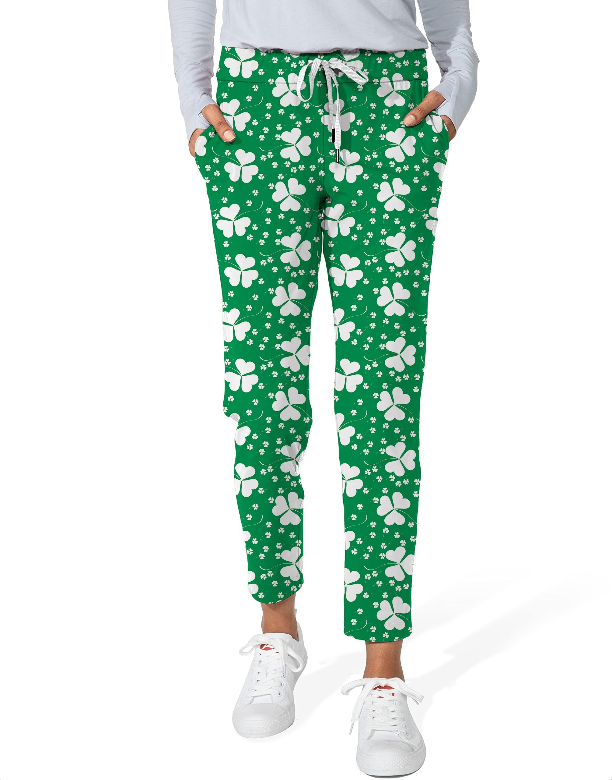 Women's green leaf clover St. Patrick's Day 7/8 stretch ankle golf pants with drawstring and pockets