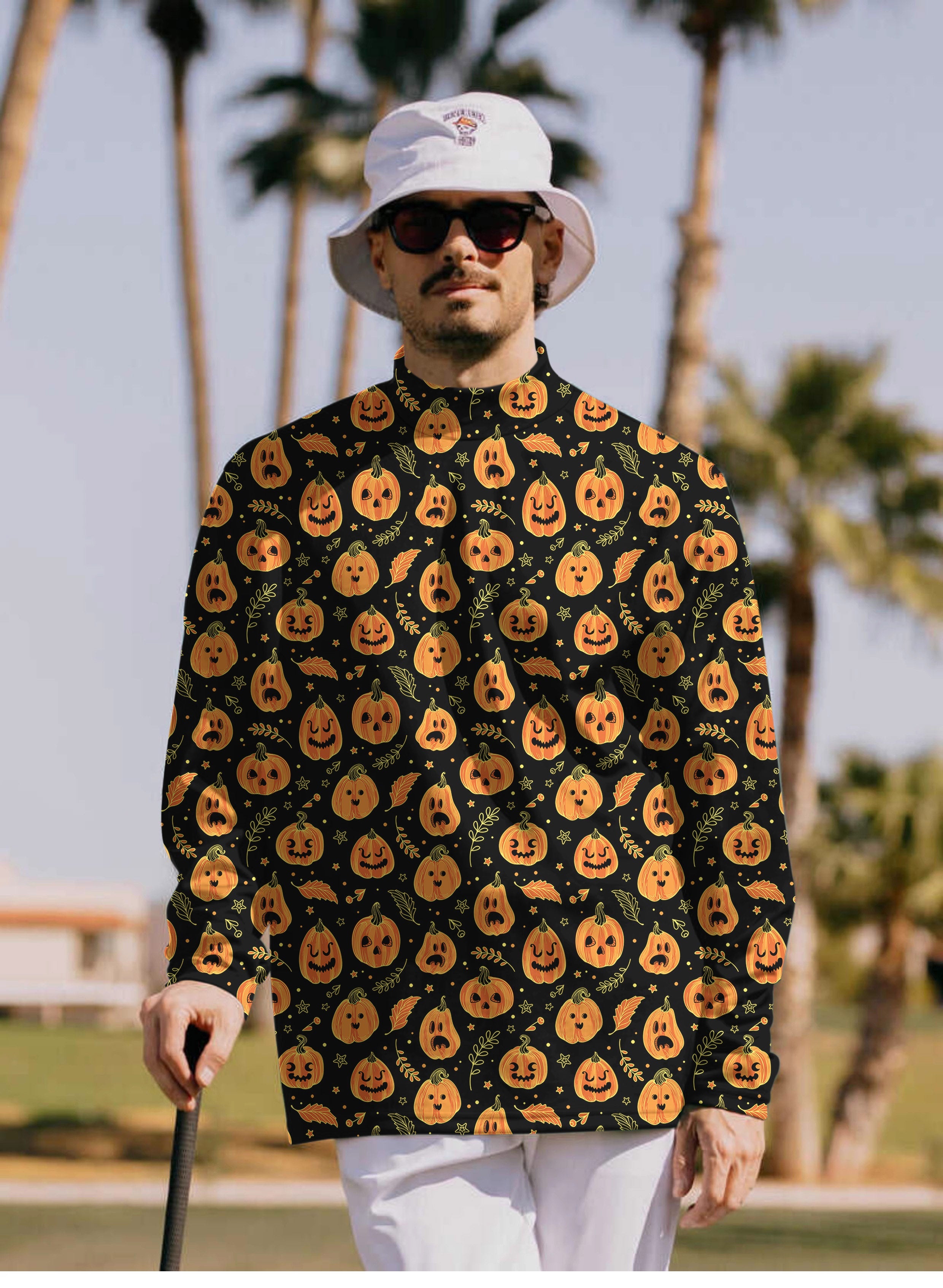 Men's Halloween Kawaii Pumpkin Bones pullover with orange pumpkin faces and bones pattern, high neck long sleeve shirt