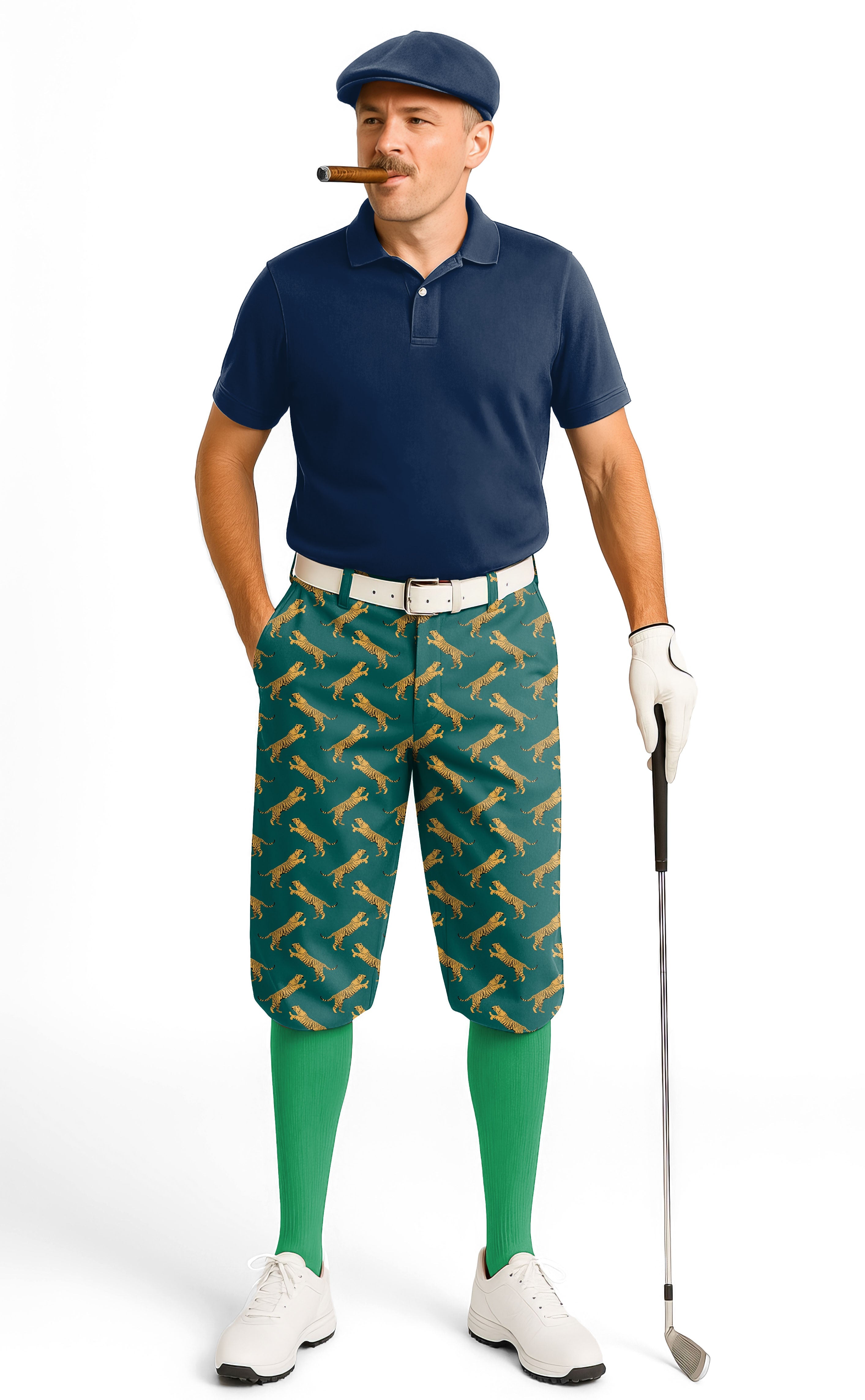 Man wearing green tiger print men's golf knickers with navy polo and green socks holding golf club
