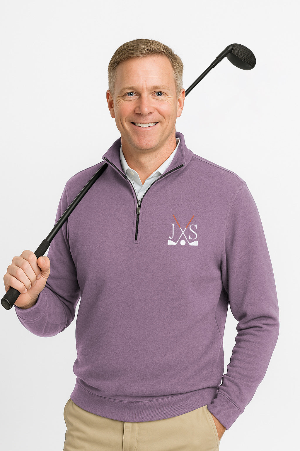 Plus size men's high neck hoodie in solid purple with embroidery, three-panel hood, rib knit cuffs, and front pouch pocket