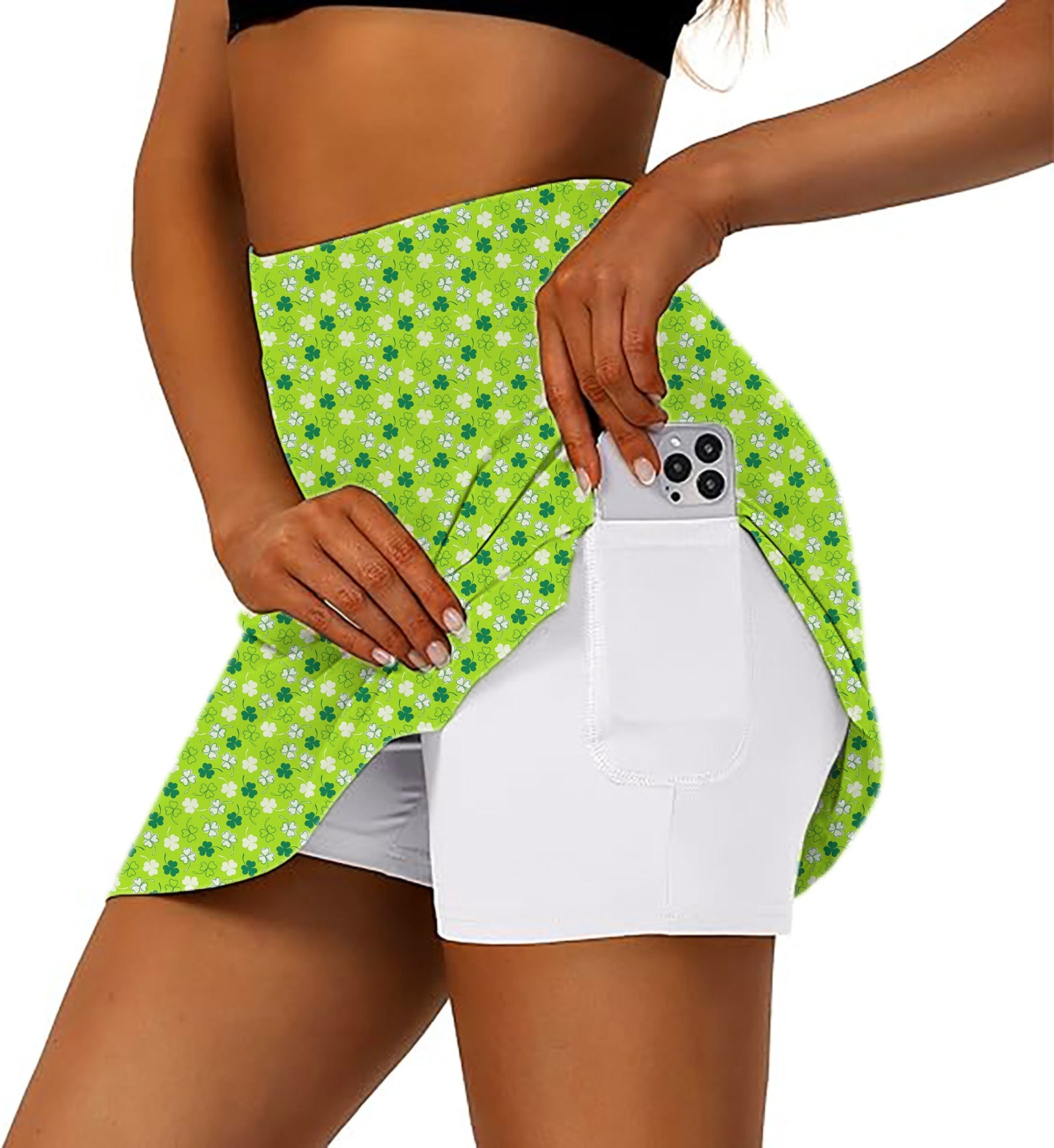Women's athletic golf skorts flared skirts with green leaf clover pattern and phone pocket