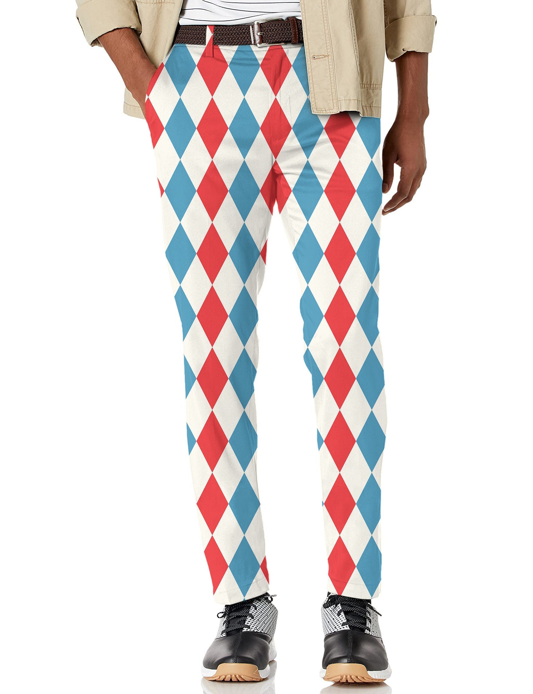 Men's geometric checkerboard argyle stretch golf pants in red, blue, and white with performance fabric and active waistband