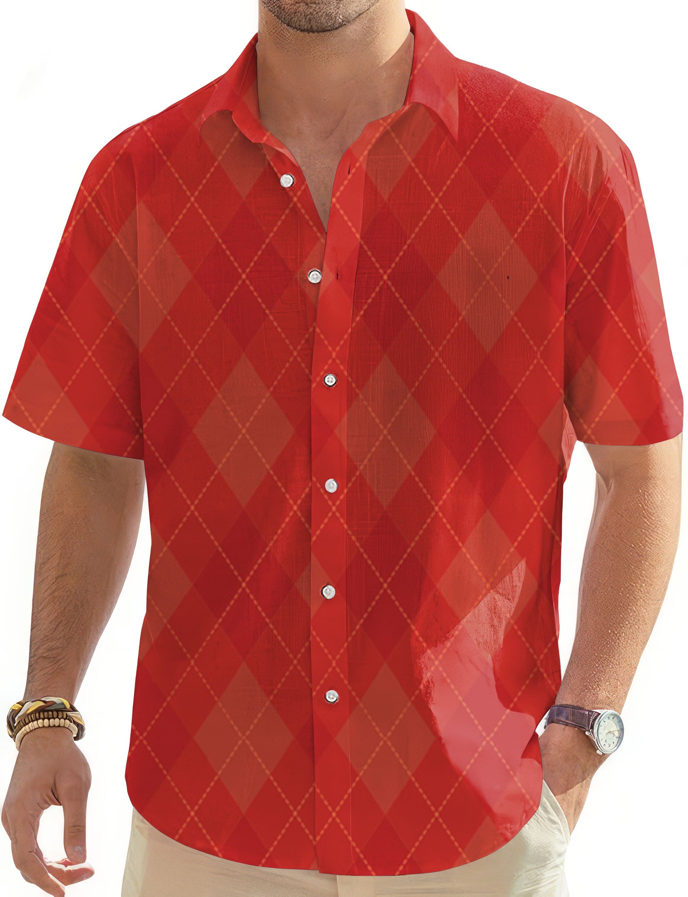 red Argyle-Men's Golf Hawaiian Shirts Button Down Shirt